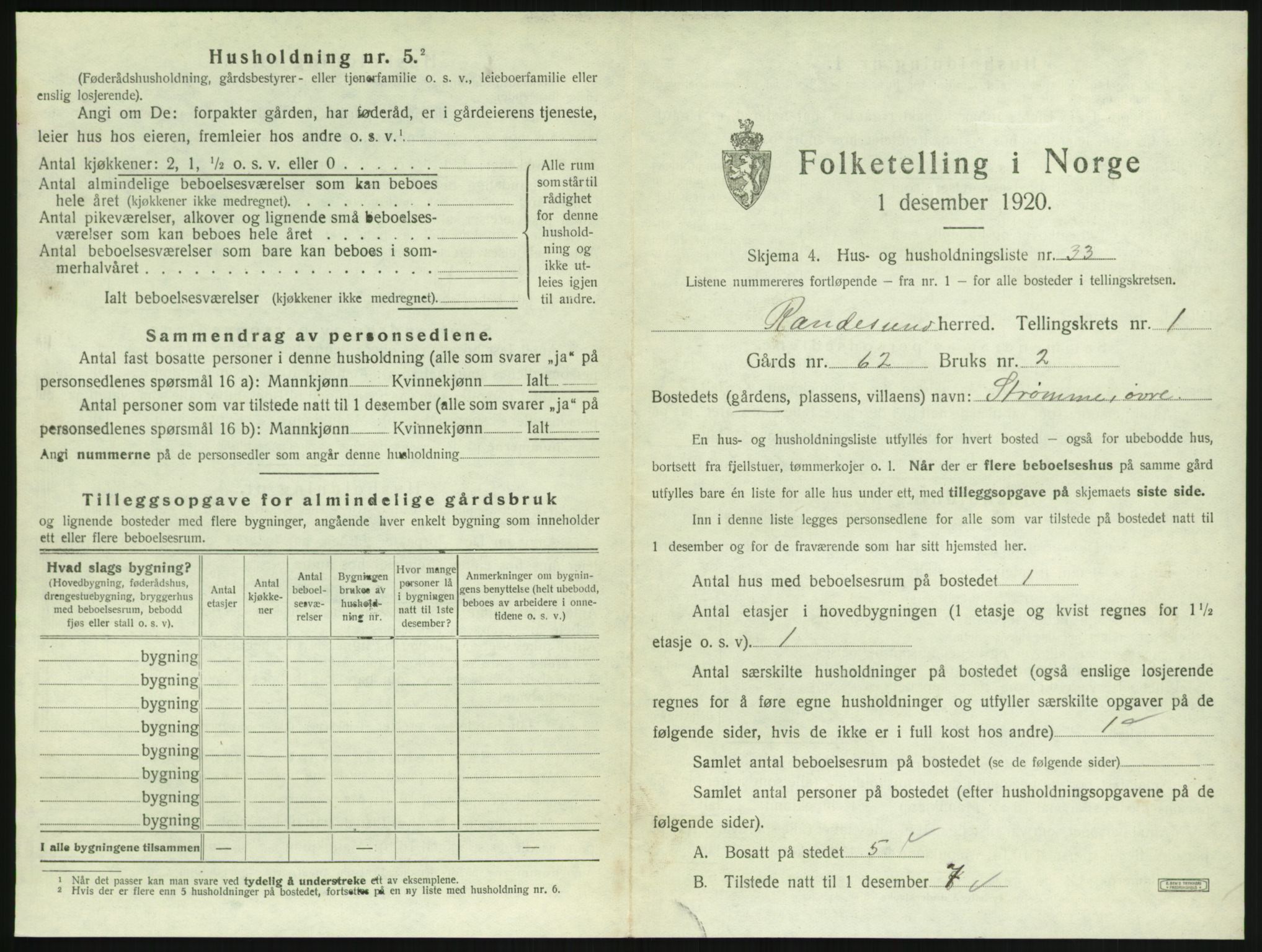 SAK, 1920 census for Randesund, 1920, p. 96