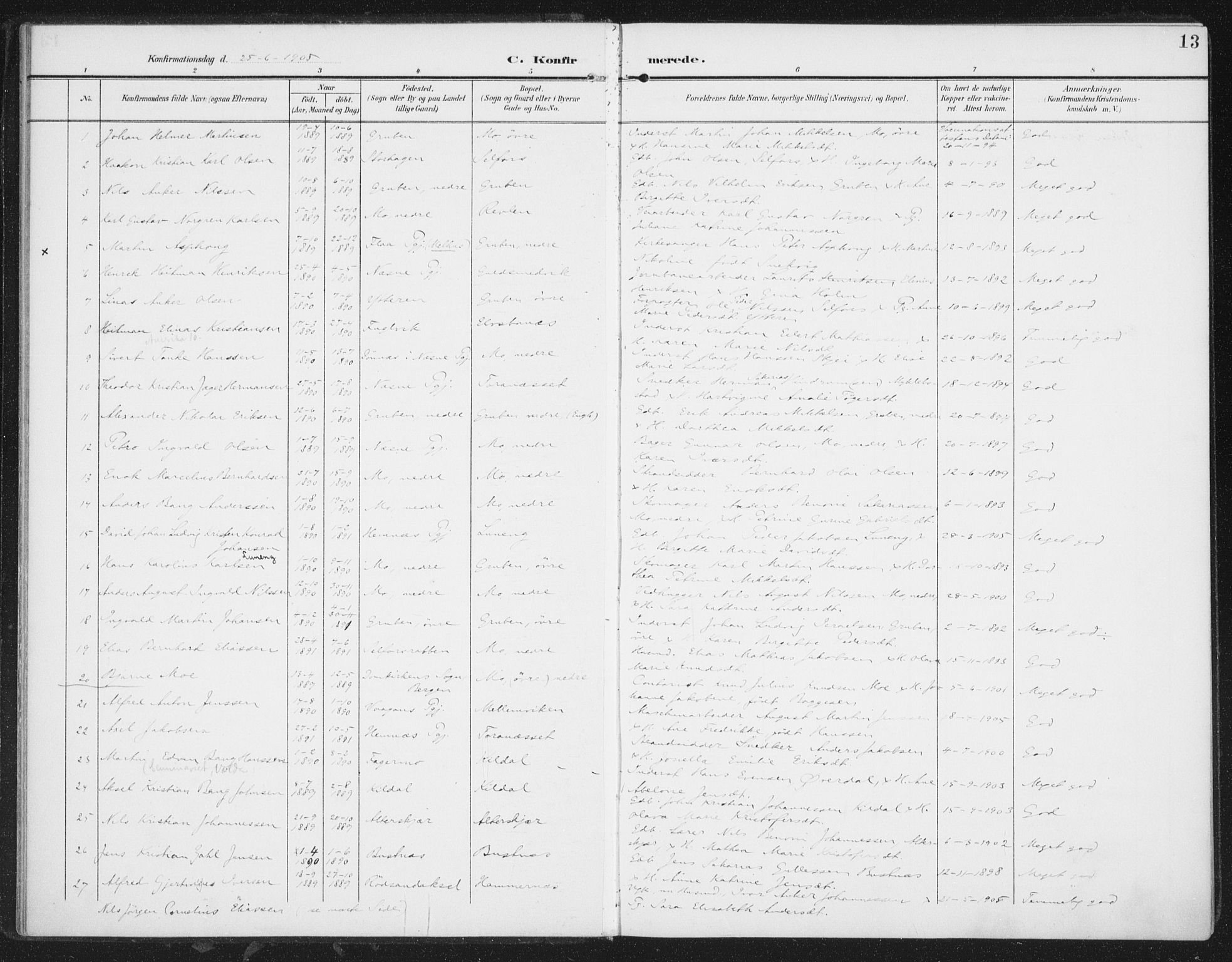 Ministerialprotokoller, klokkerbøker og fødselsregistre - Nordland, SAT/A-1459/827/L0403: Parish register (official) no. 827A15, 1903-1912, p. 13