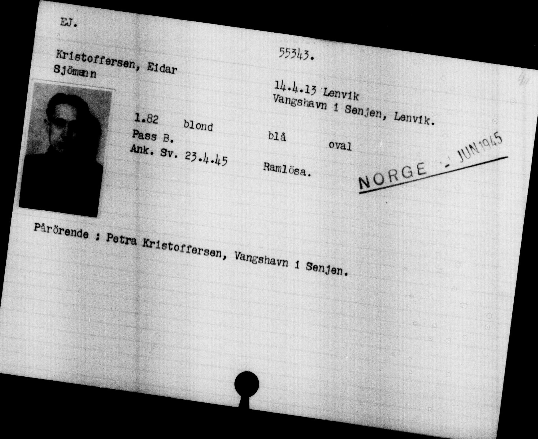 Utenriksstasjonene, Legasjonen i Stockholm, Flyktningkontoret, AV/RA-S-6753/V/Va/L0020: Kjesäterkartoteket, flyktninger med registreringsnr. 55000-58245, 1940-1945, p. 346