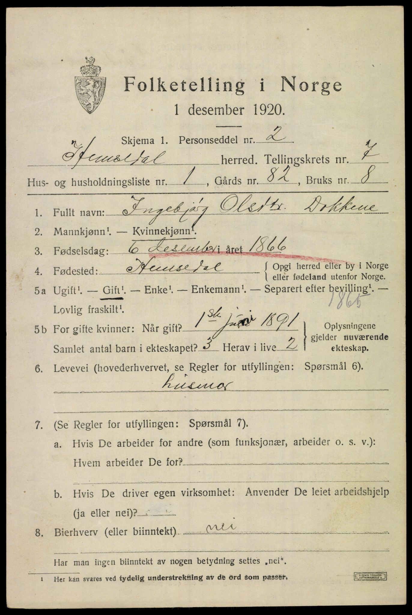 SAKO, 1920 census for Hemsedal, 1920, p. 2952