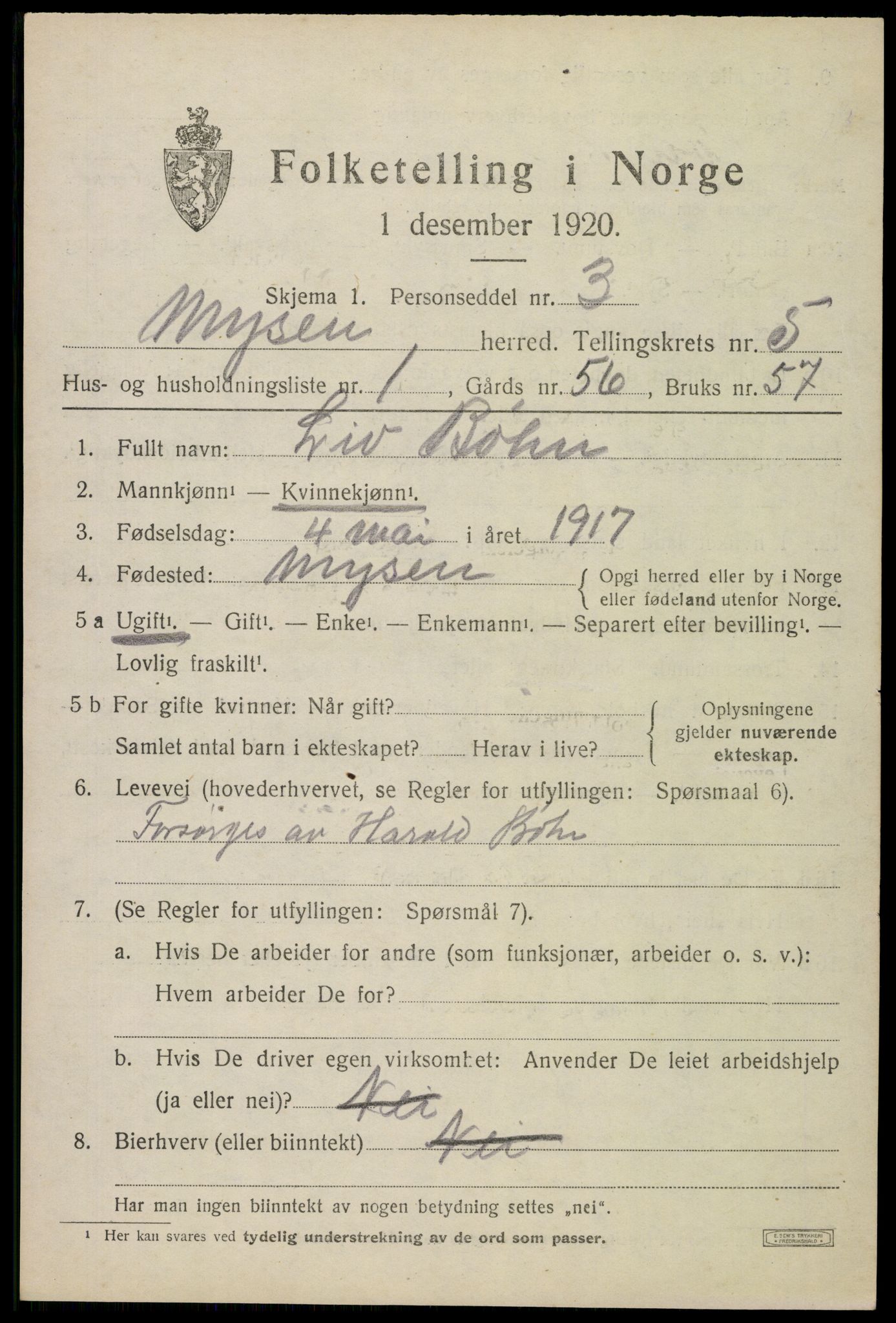 SAO, 1920 census for Mysen, 1920, p. 2675