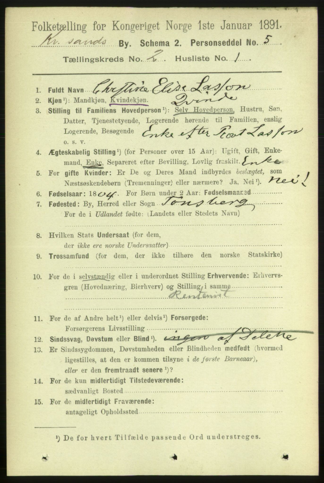 RA, 1891 census for 1001 Kristiansand, 1891, p. 3190