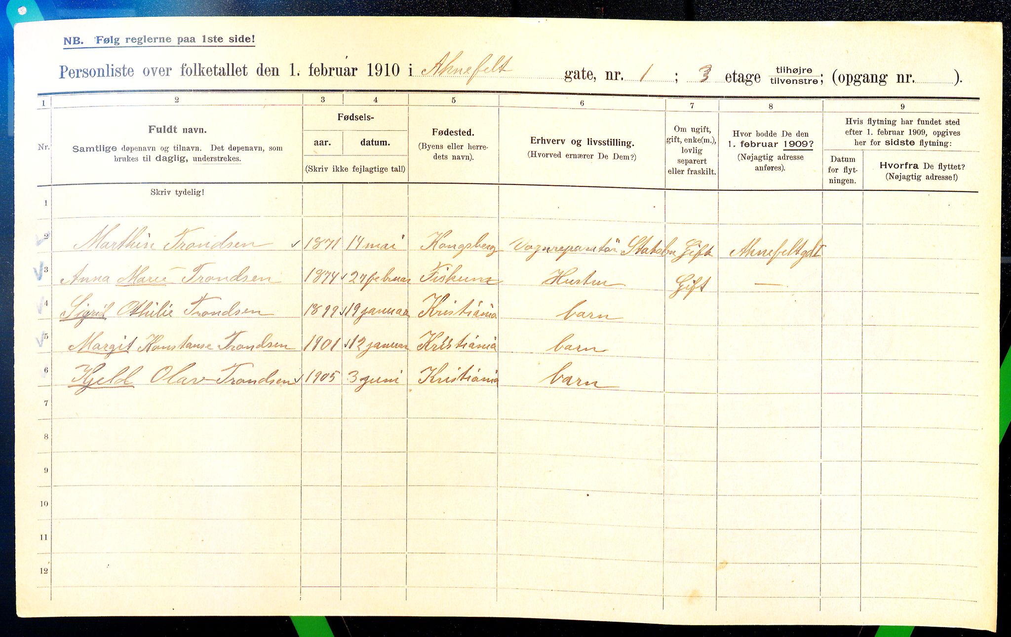 OBA, Municipal Census 1910 for Kristiania, 1910, p. 1013