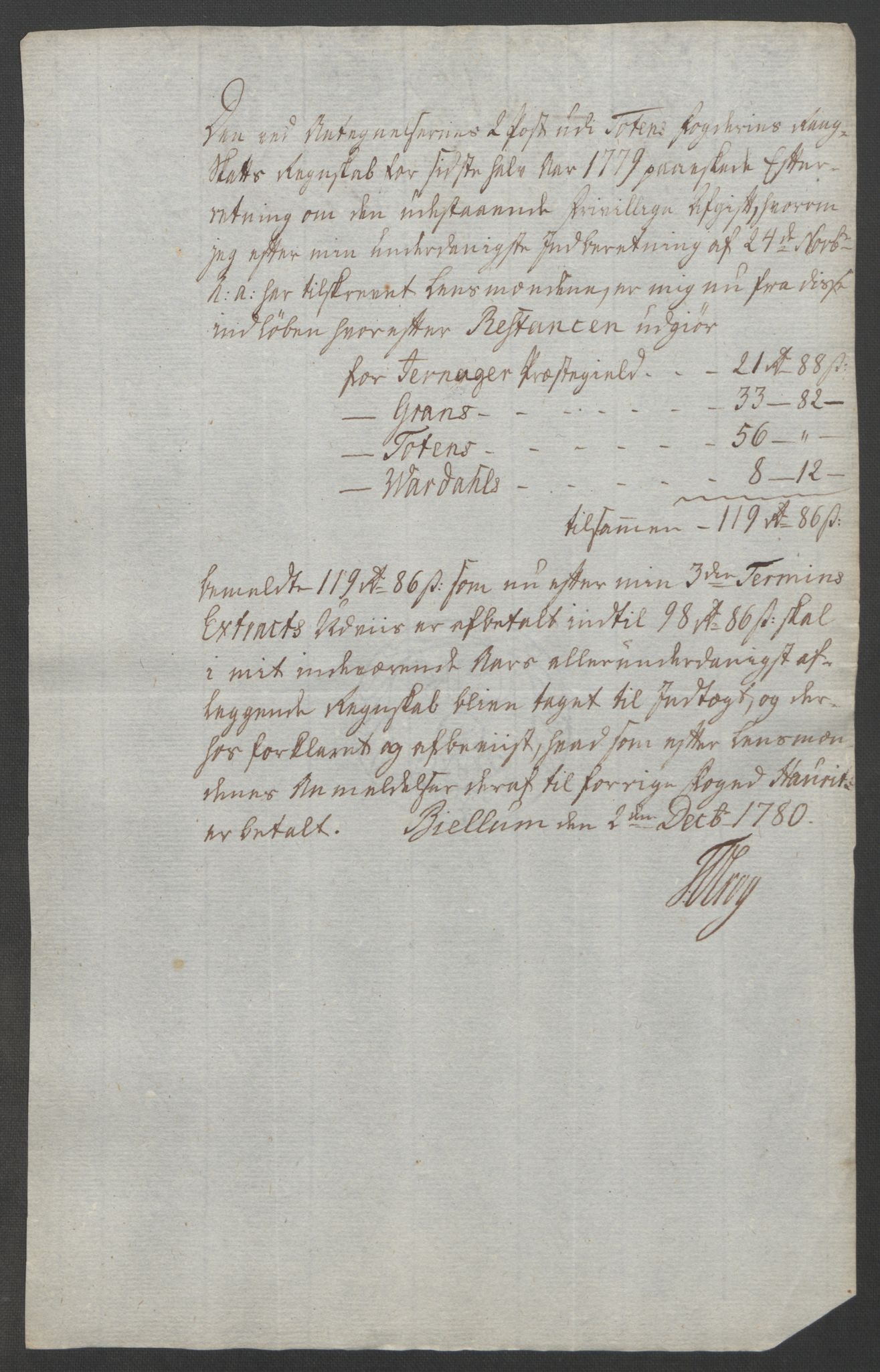 Rentekammeret inntil 1814, Reviderte regnskaper, Fogderegnskap, AV/RA-EA-4092/R19/L1399: Fogderegnskap Toten, Hadeland og Vardal, 1762-1783, p. 504