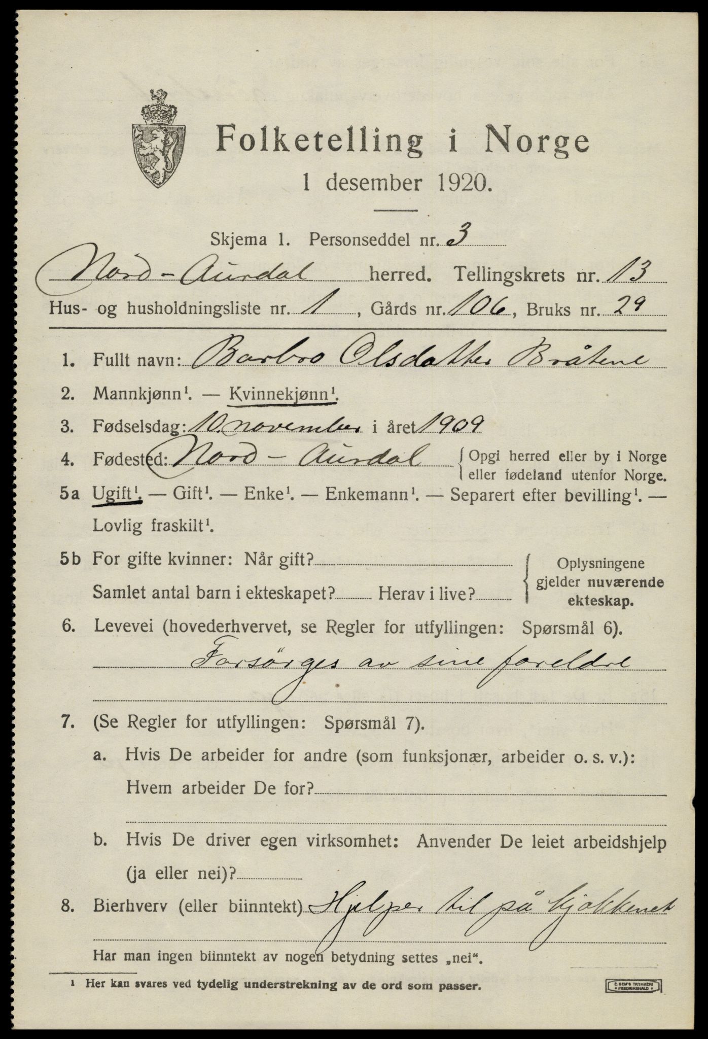 SAH, 1920 census for Nord-Aurdal, 1920, p. 10464