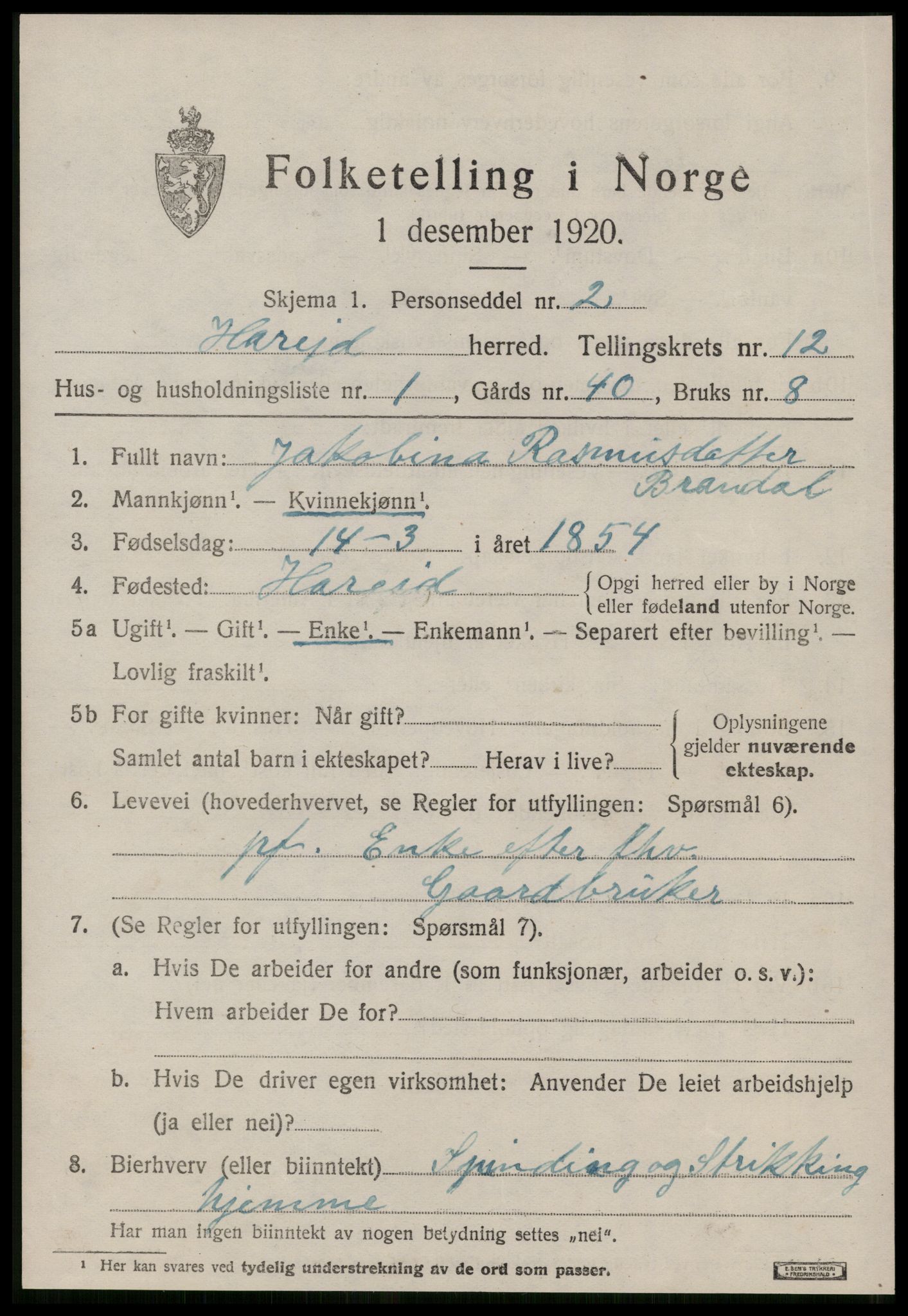 SAT, 1920 census for Hareid, 1920, p. 4595