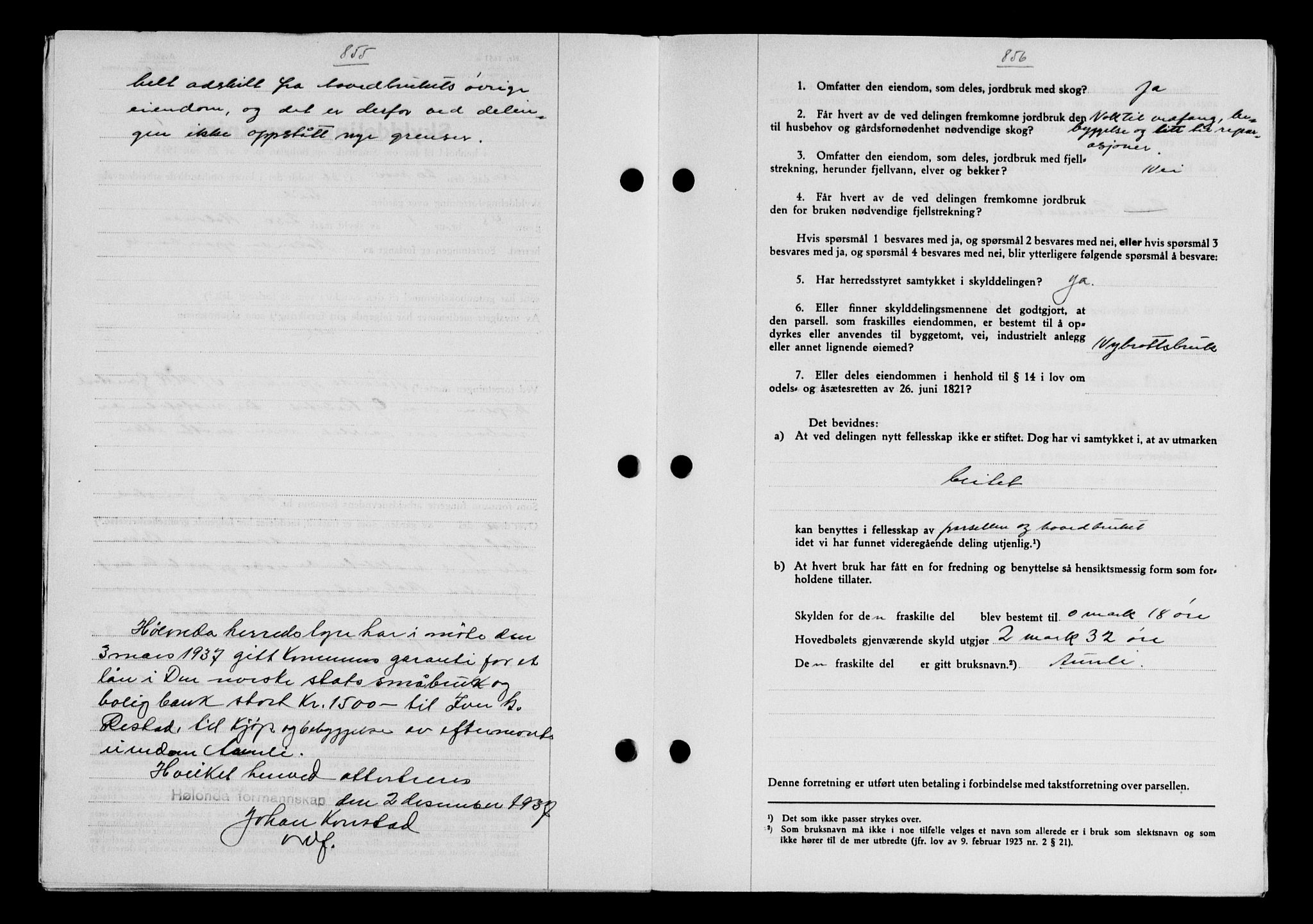 Gauldal sorenskriveri, SAT/A-0014/1/2/2C/L0048: Mortgage book no. 51-52, 1937-1938, p. 855, Diary no: : 1558/1937