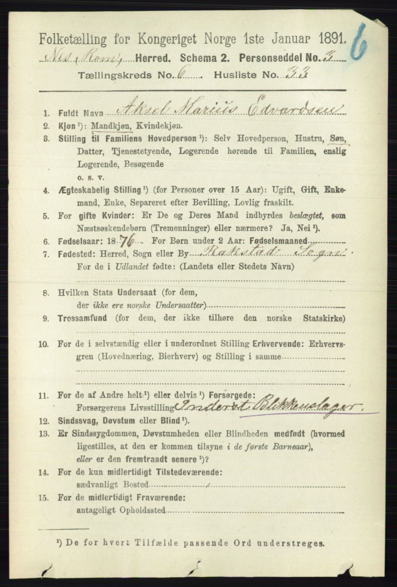 RA, 1891 census for 0236 Nes, 1891, p. 3588