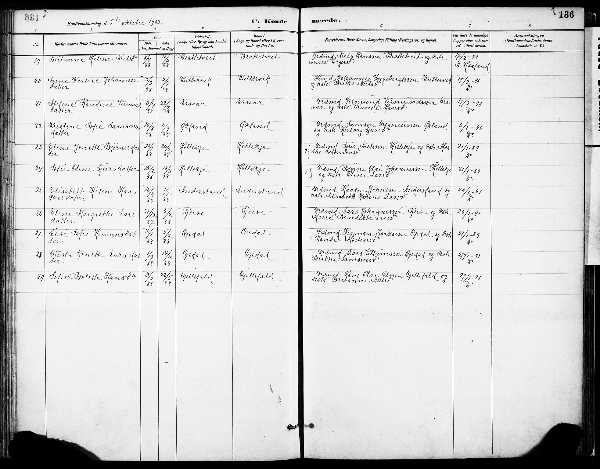 Tysnes sokneprestembete, AV/SAB-A-78601/H/Haa: Parish register (official) no. D 1, 1887-1904, p. 136