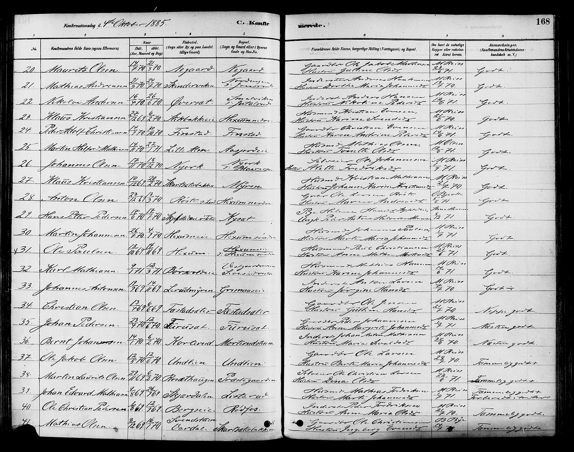 Vestre Toten prestekontor, SAH/PREST-108/H/Ha/Haa/L0009: Parish register (official) no. 9, 1878-1894, p. 168