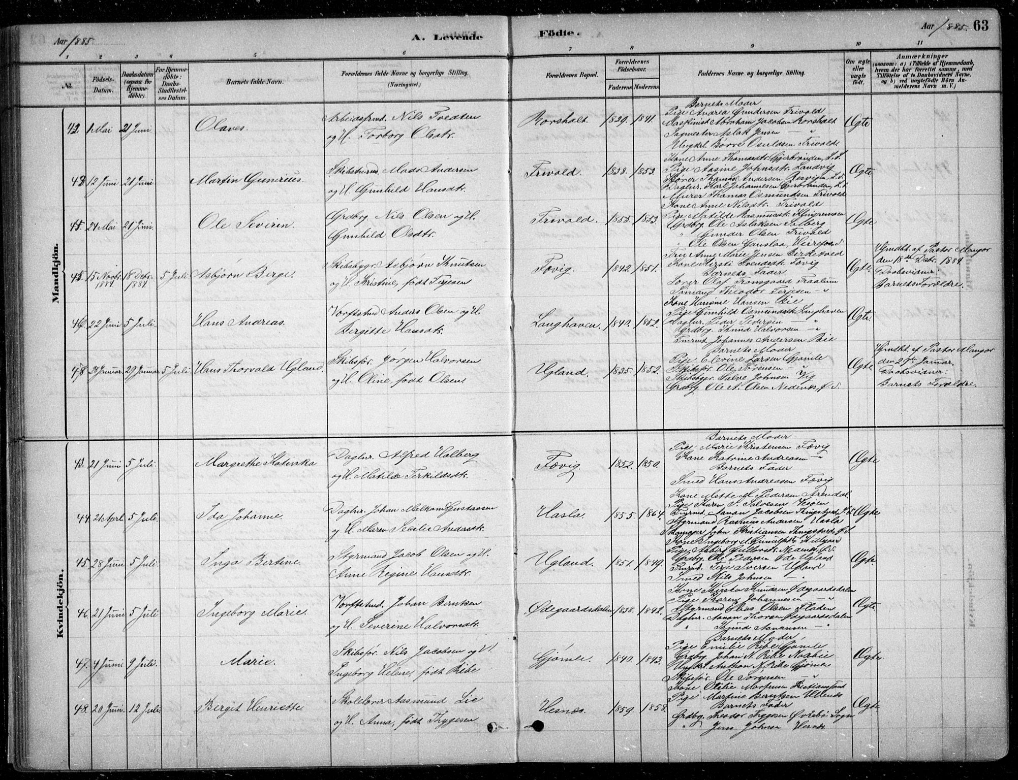 Fjære sokneprestkontor, SAK/1111-0011/F/Fb/L0011: Parish register (copy) no. B 11, 1881-1905, p. 63