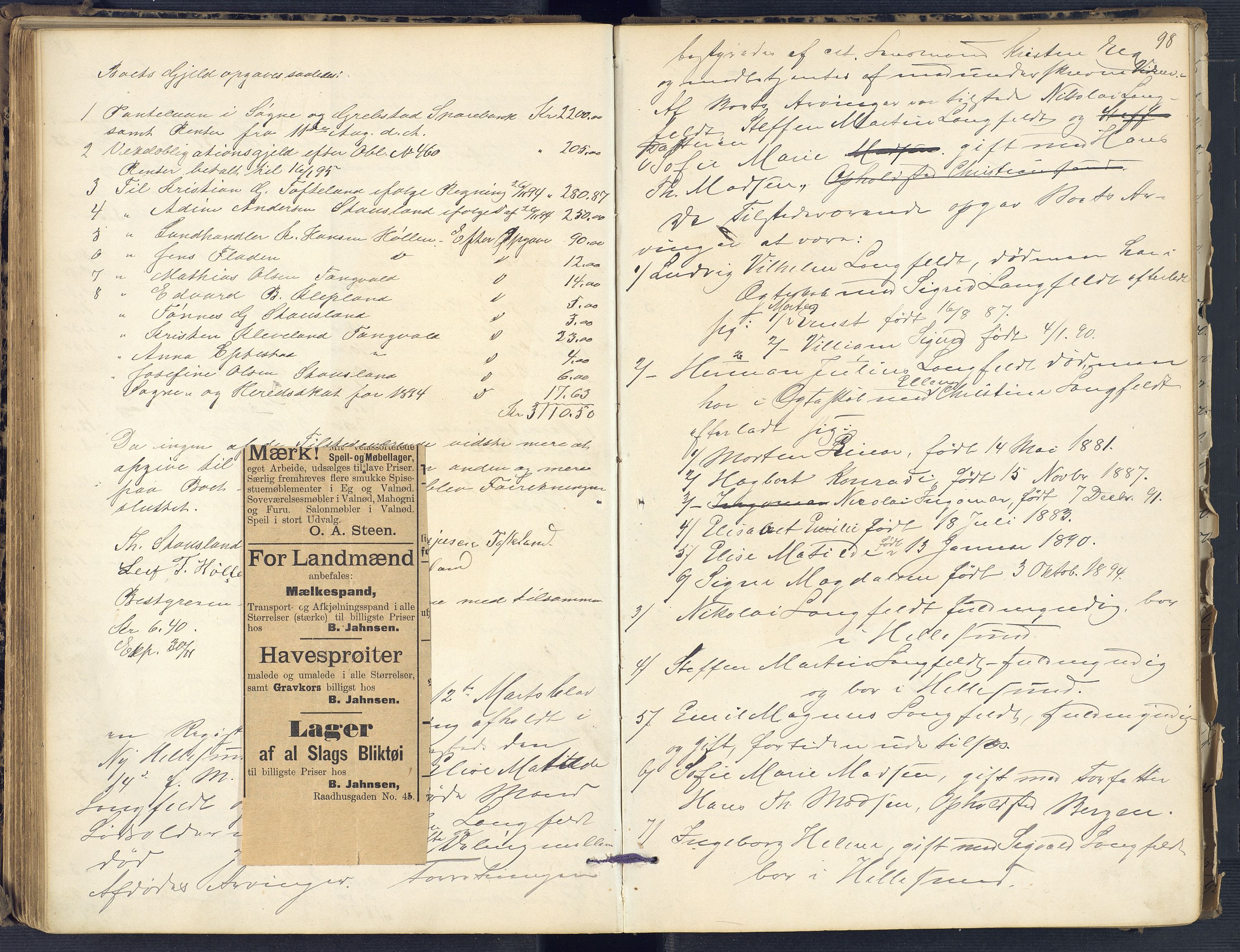 Torridal sorenskriveri, SAK/1221-0012/H/Hc/L0011: Skifteregistreringsprotokoll Søgne og Greipstad lensmannsdistrikt nr. 1, 1883-1903, p. 99