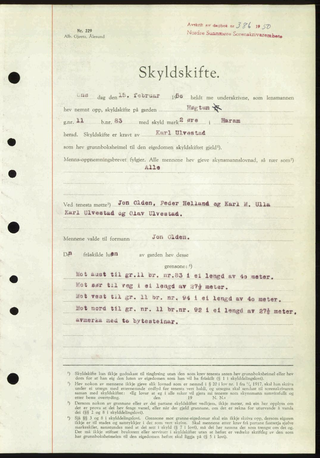 Nordre Sunnmøre sorenskriveri, AV/SAT-A-0006/1/2/2C/2Ca: Mortgage book no. A33, 1949-1950, Diary no: : 386/1950