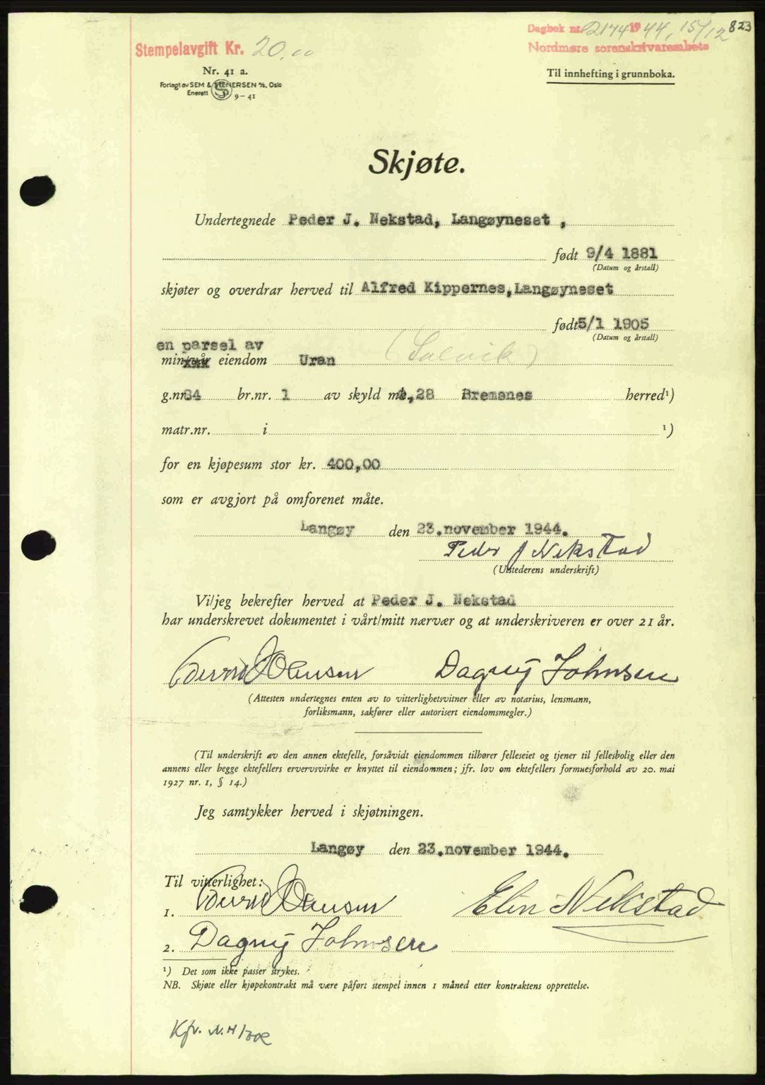 Nordmøre sorenskriveri, AV/SAT-A-4132/1/2/2Ca: Mortgage book no. A98, 1944-1944, Diary no: : 2174/1944