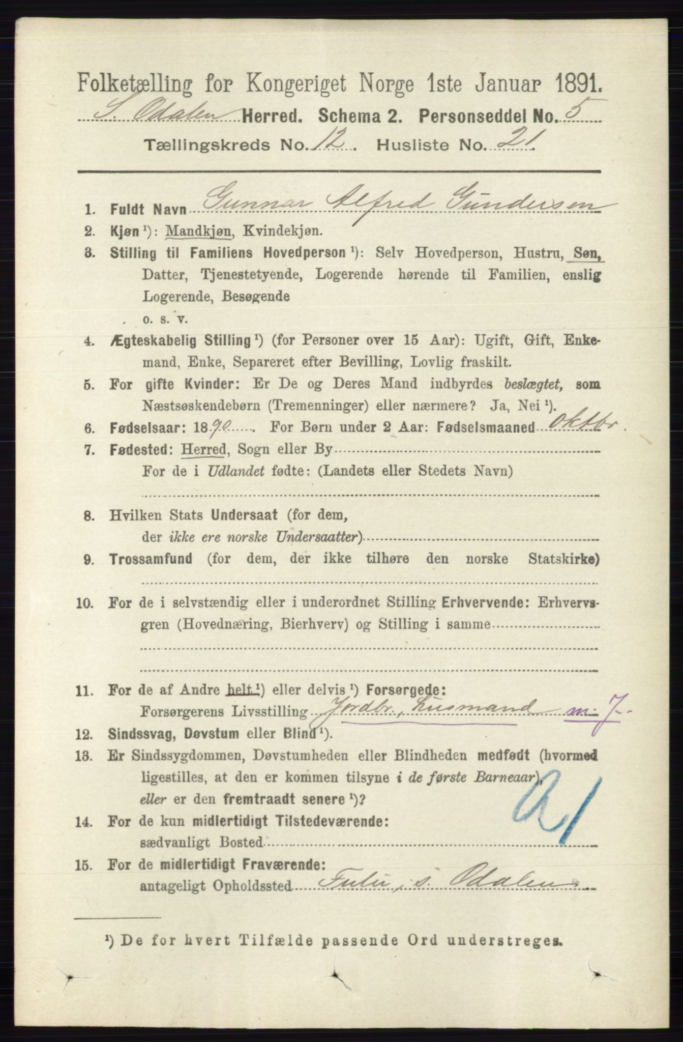 RA, 1891 census for 0419 Sør-Odal, 1891, p. 5484