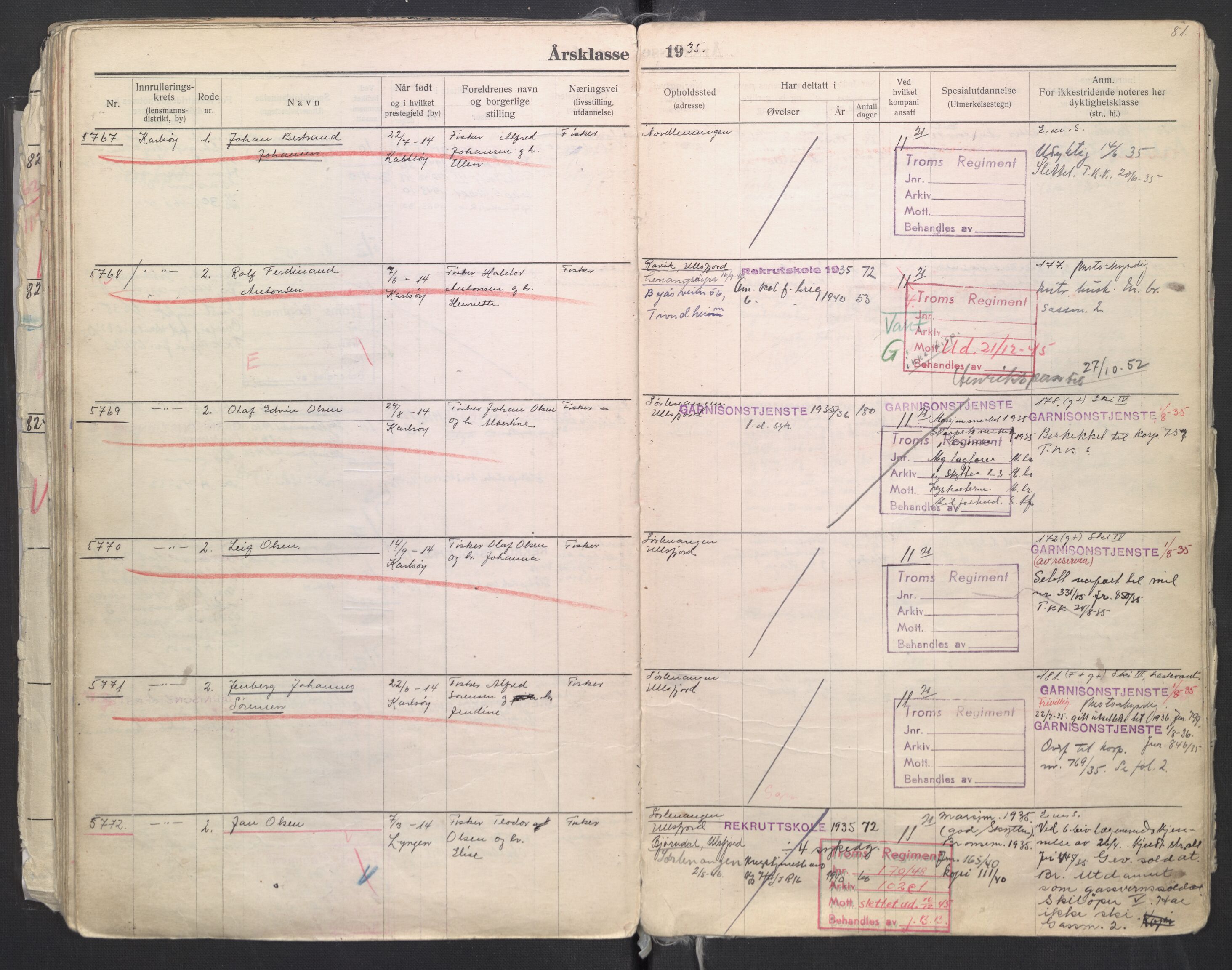 Forsvaret, Troms infanteriregiment nr. 16, AV/RA-RAFA-3146/P/Pa/L0006/0008: Ruller / Rulle for regimentets menige mannskaper, årsklasse 1935, 1935, p. 81