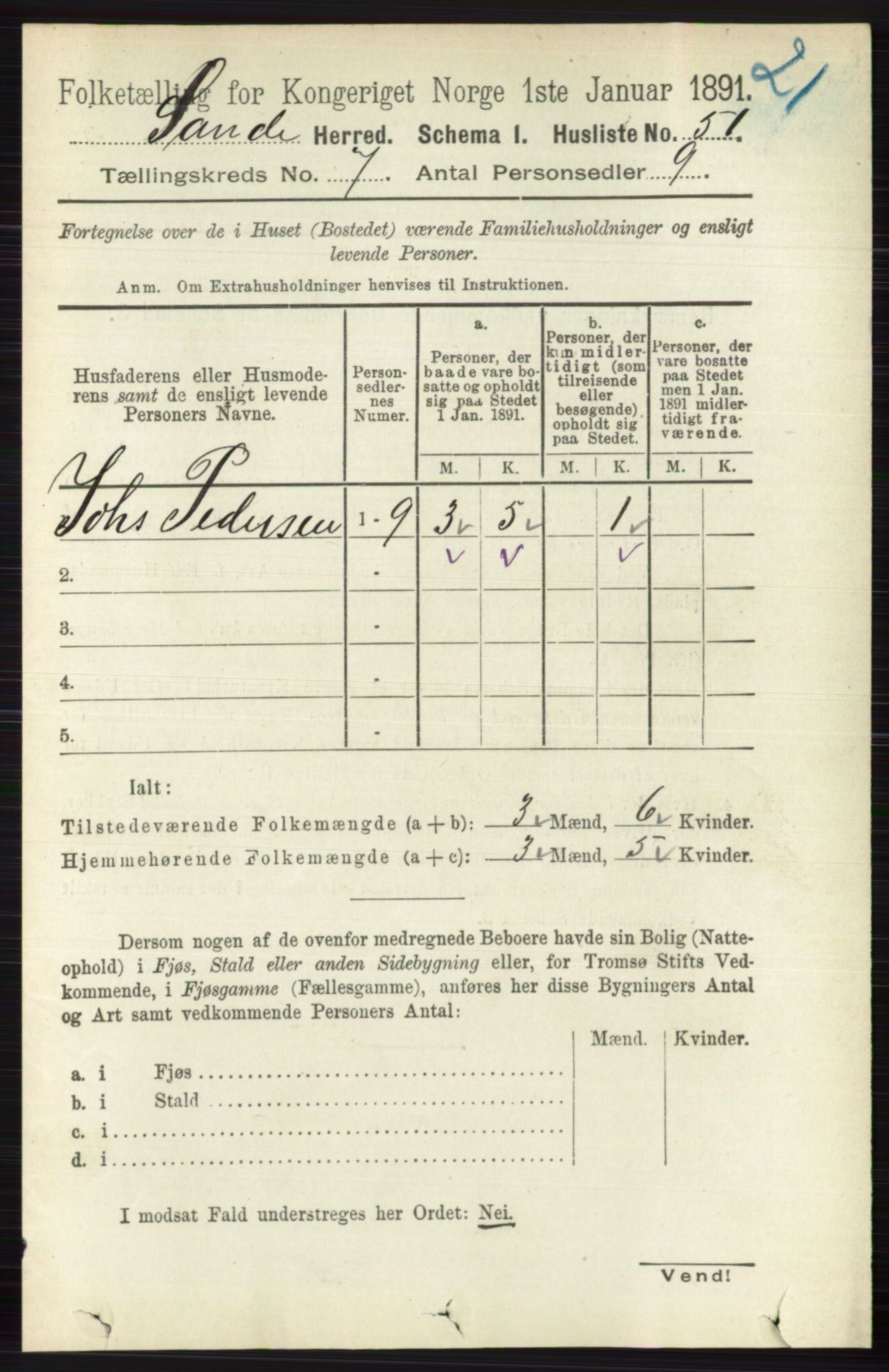 RA, 1891 census for 0713 Sande, 1891, p. 3132