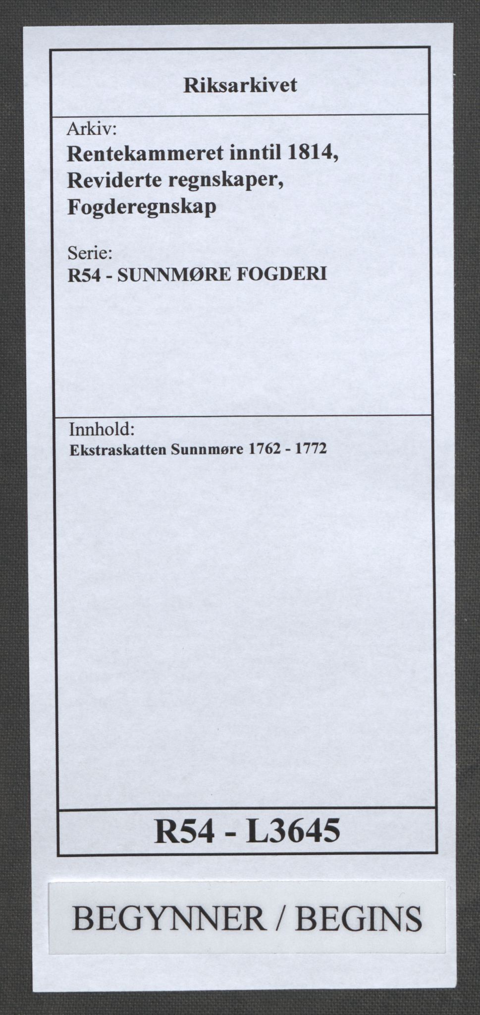 Rentekammeret inntil 1814, Reviderte regnskaper, Fogderegnskap, AV/RA-EA-4092/R54/L3645: Ekstraskatten Sunnmøre, 1762-1772, p. 1