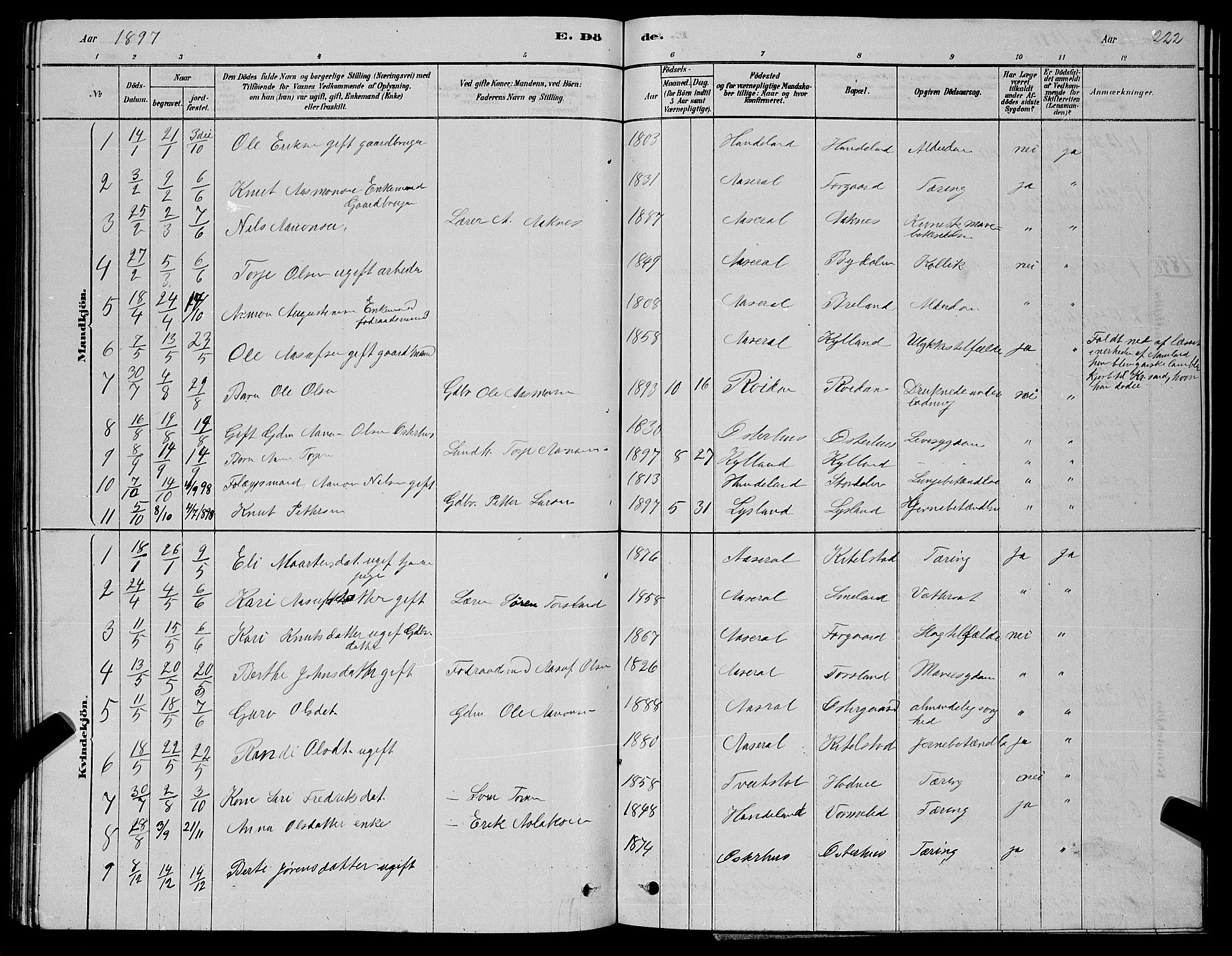 Åseral sokneprestkontor, SAK/1111-0051/F/Fb/L0002: Parish register (copy) no. B 2, 1878-1899, p. 222