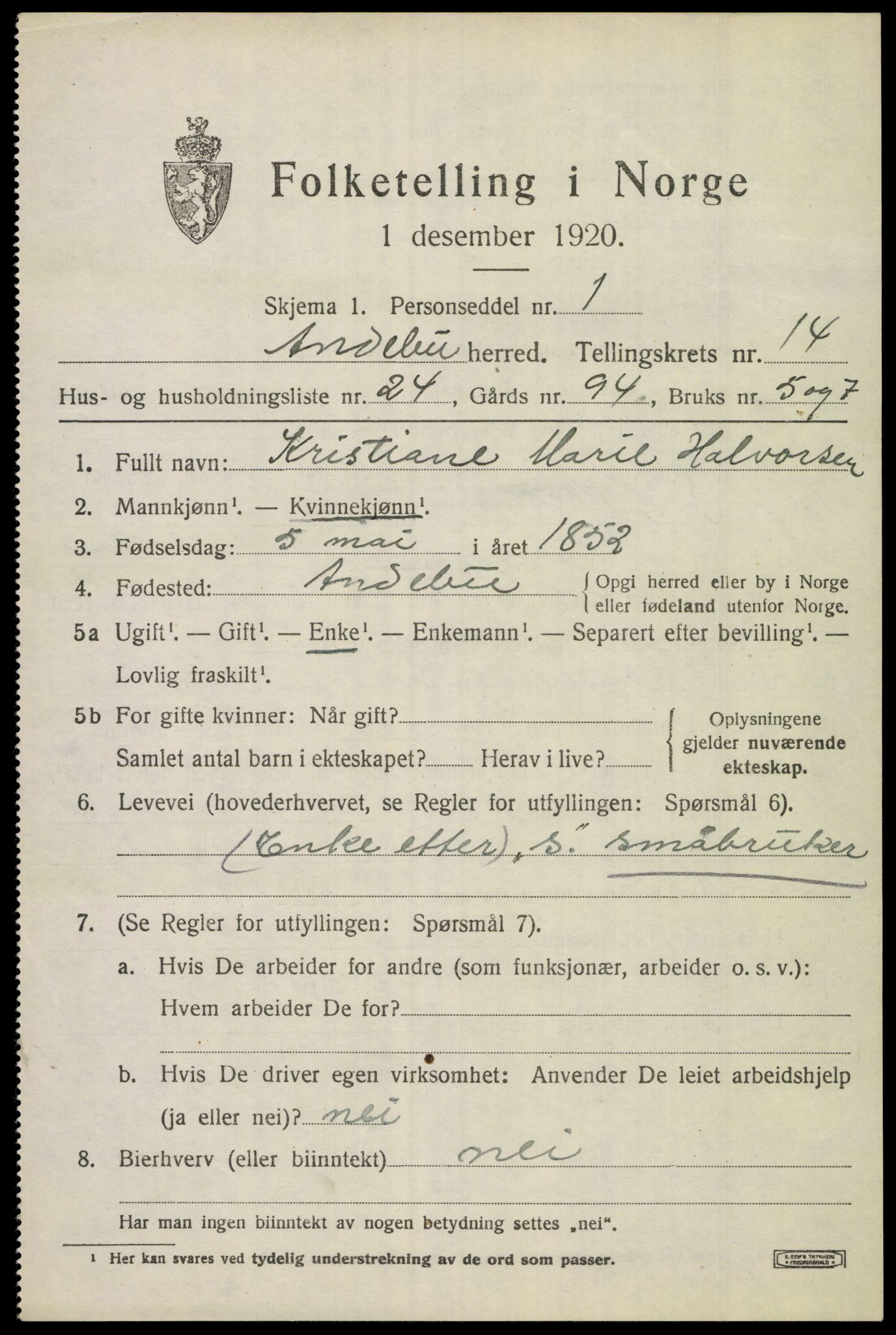 SAKO, 1920 census for Andebu, 1920, p. 5330