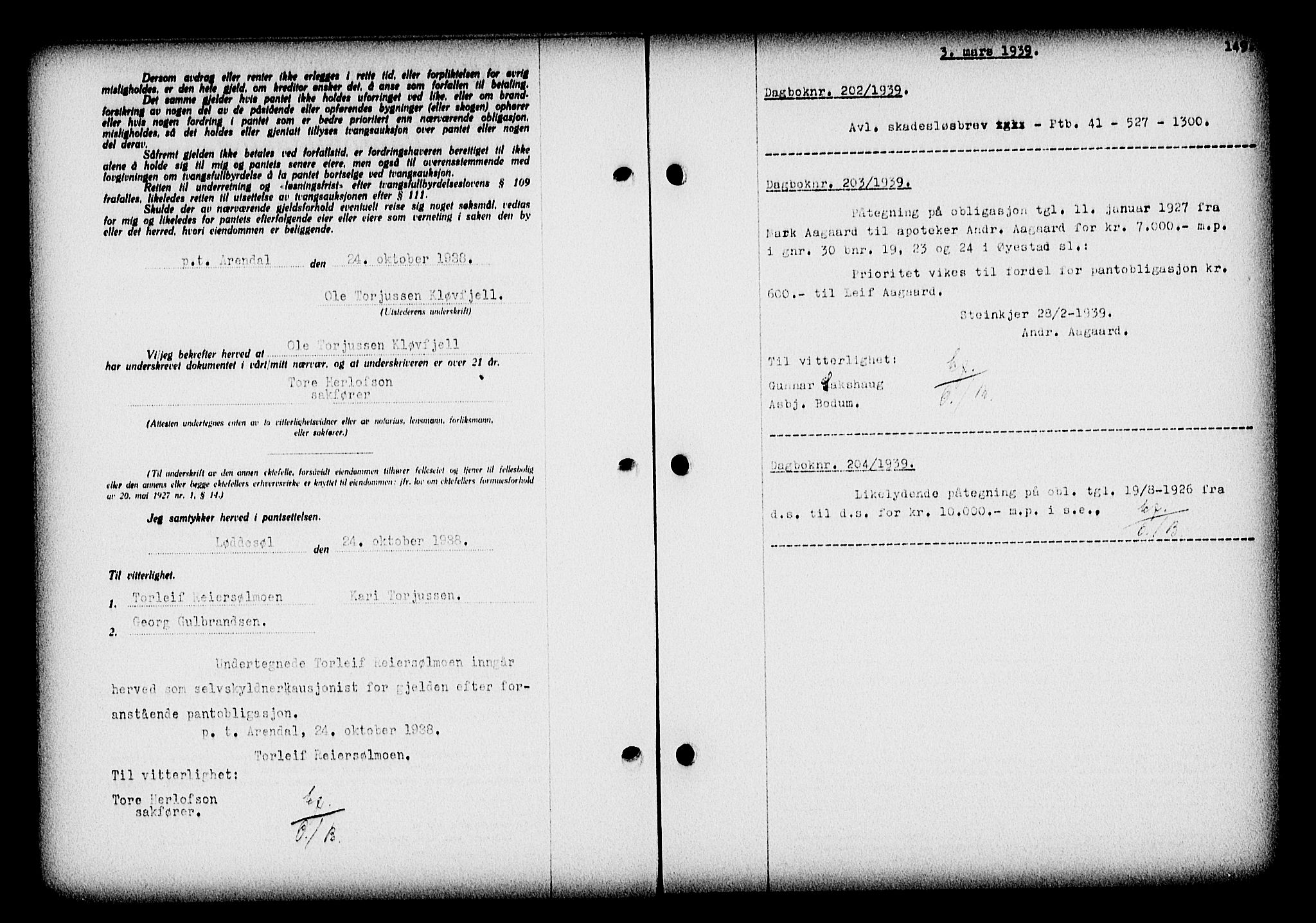Nedenes sorenskriveri, SAK/1221-0006/G/Gb/Gba/L0046: Mortgage book no. 42, 1938-1939, Diary no: : 202/1939