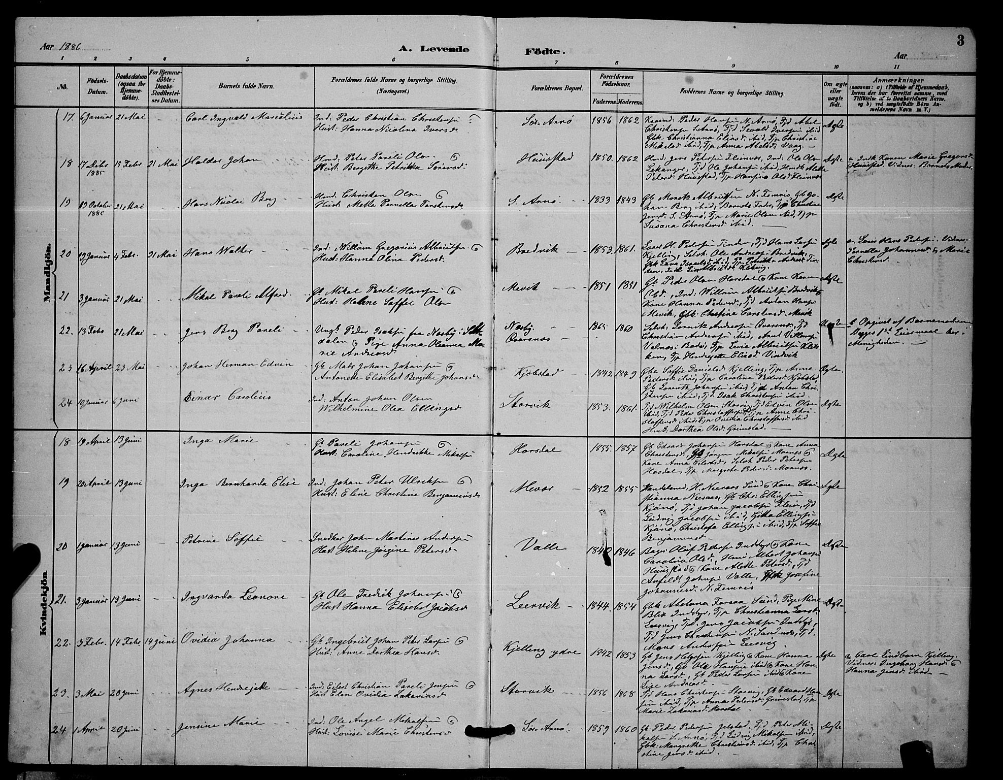 Ministerialprotokoller, klokkerbøker og fødselsregistre - Nordland, AV/SAT-A-1459/805/L0108: Parish register (copy) no. 805C04, 1885-1899, p. 3