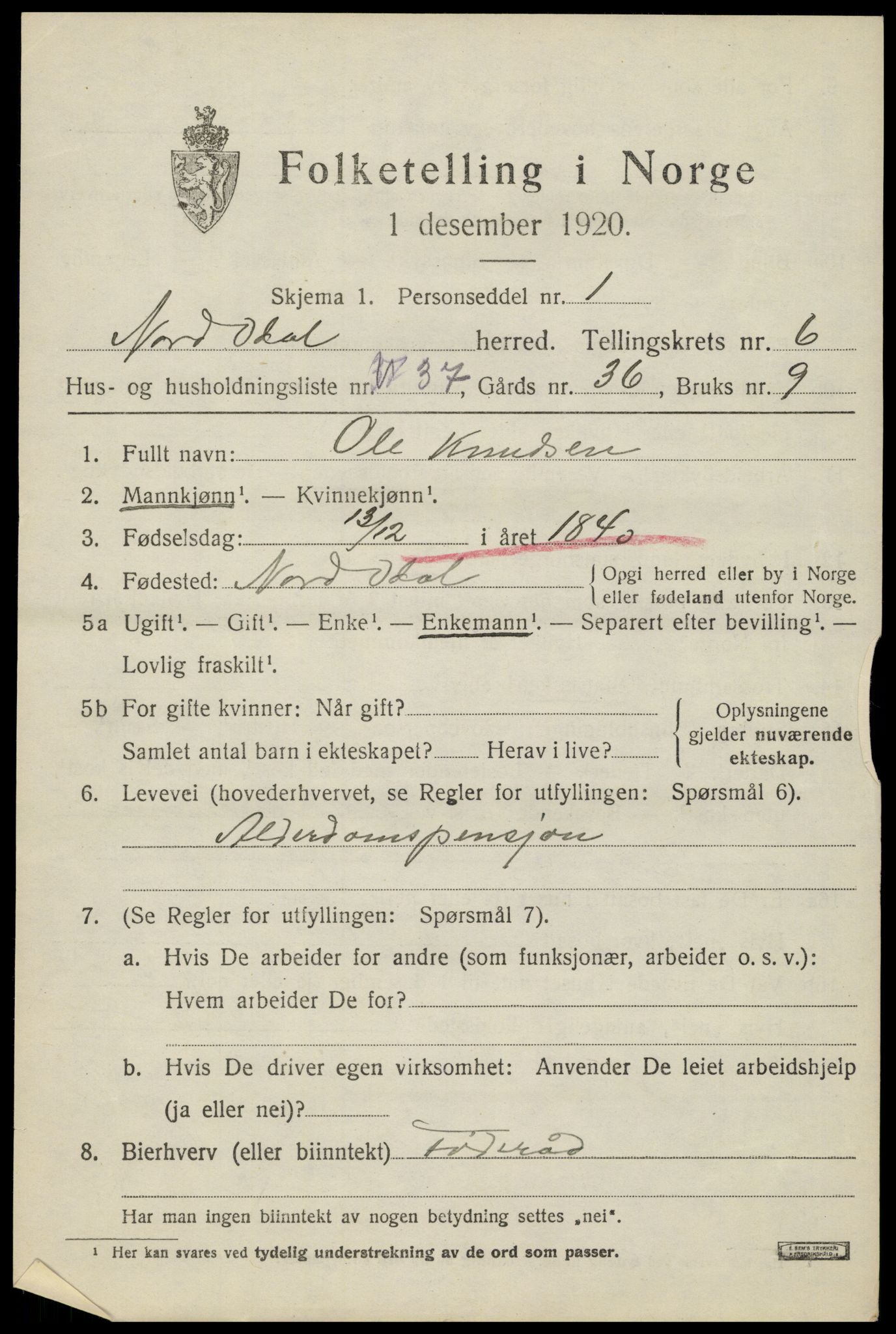 SAH, 1920 census for Nord-Odal, 1920, p. 7019