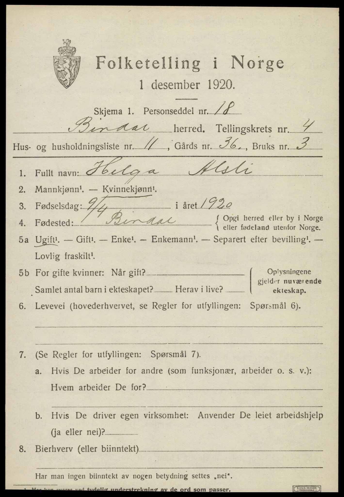 SAT, 1920 census for Bindal, 1920, p. 3493