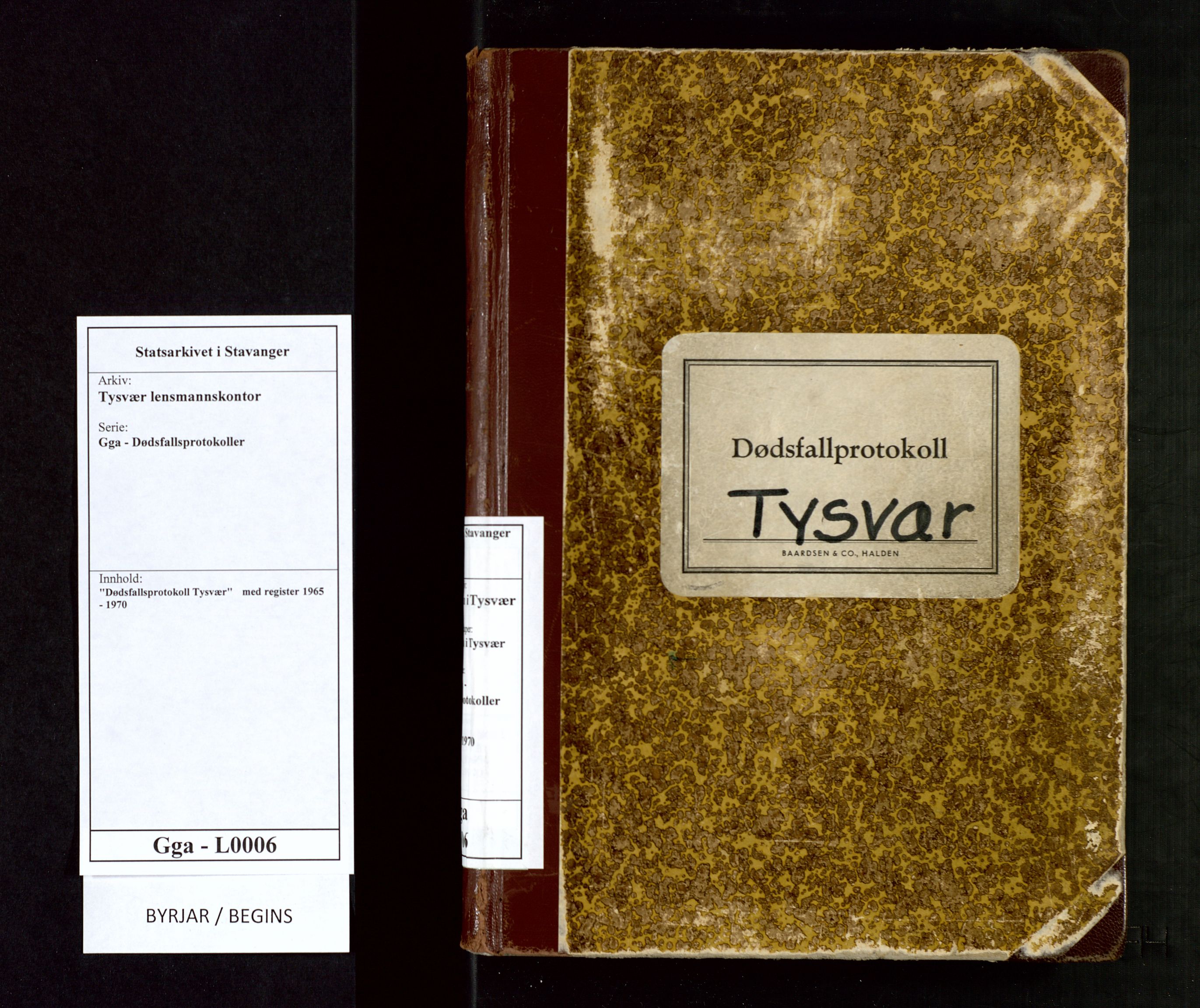 Tysvær lensmannskontor, AV/SAST-A-100192/Gga/L0006: "Dødsfallsprotokoll Tysvær"  med register, 1965-1970