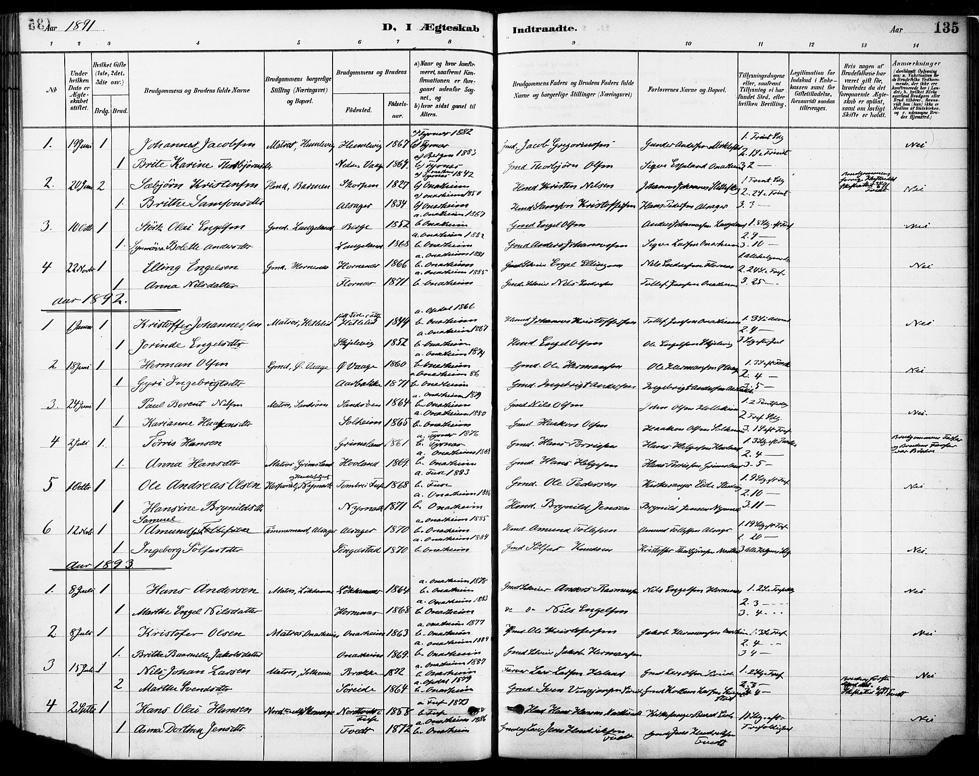 Tysnes sokneprestembete, AV/SAB-A-78601/H/Haa: Parish register (official) no. C 1, 1887-1912, p. 135