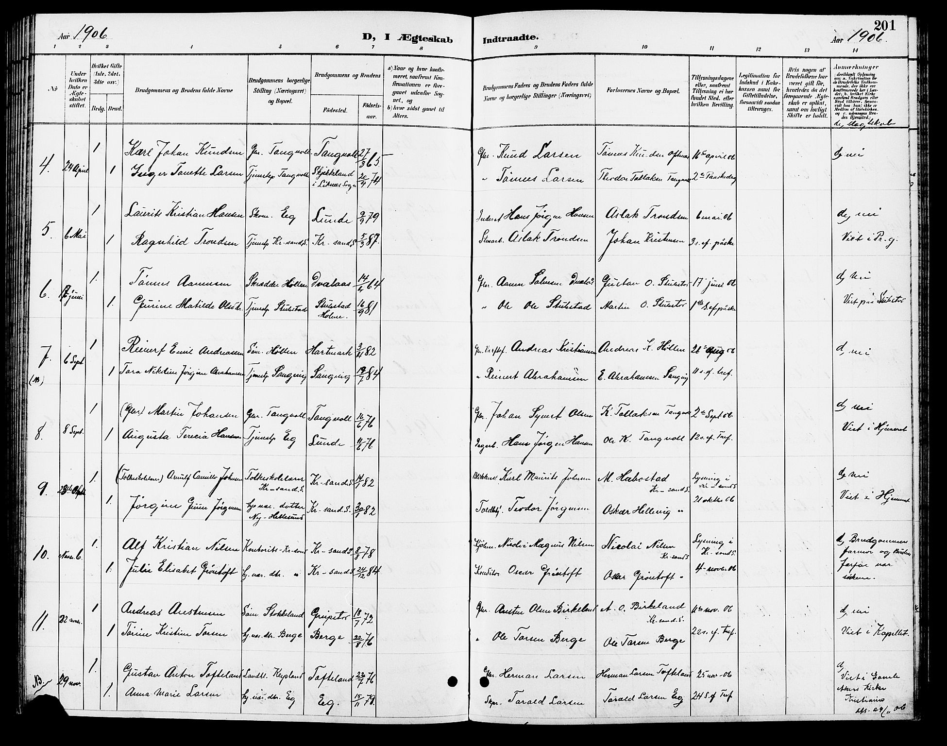 Søgne sokneprestkontor, AV/SAK-1111-0037/F/Fb/Fbb/L0006: Parish register (copy) no. B 6, 1892-1911, p. 201