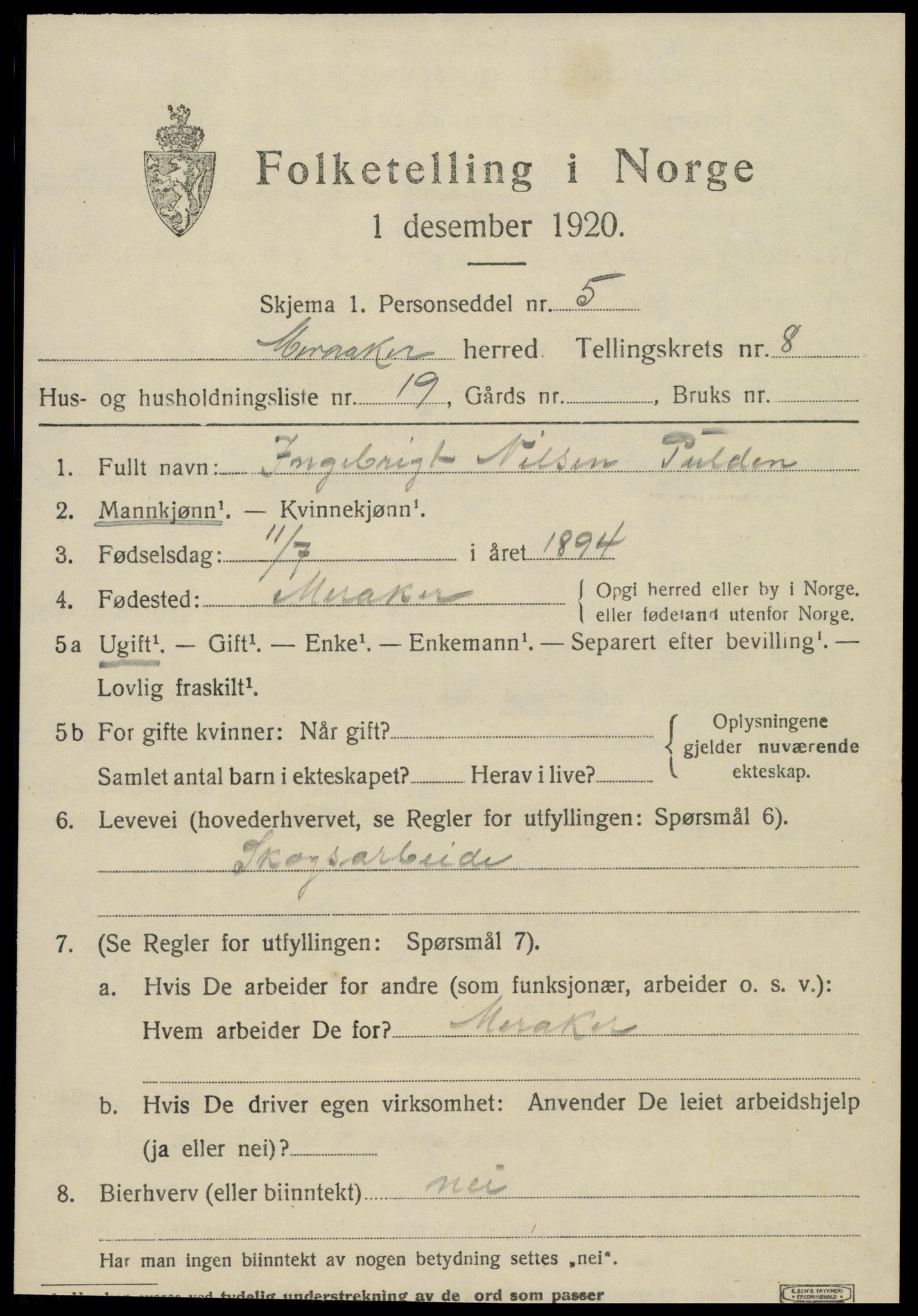 SAT, 1920 census for Meråker, 1920, p. 6212