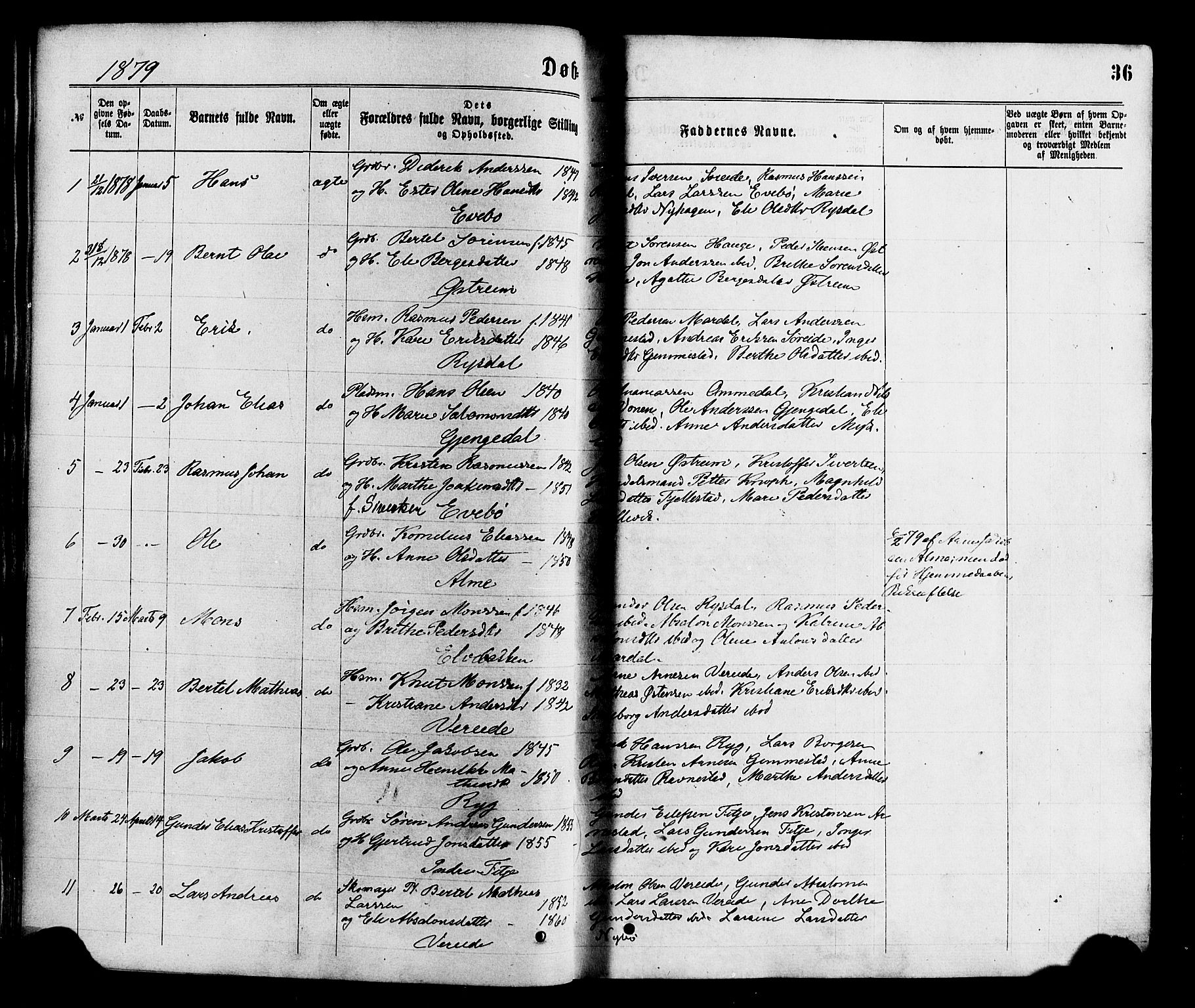 Gloppen sokneprestembete, SAB/A-80101/H/Haa/Haaa/L0010: Parish register (official) no. A 10, 1871-1884, p. 36