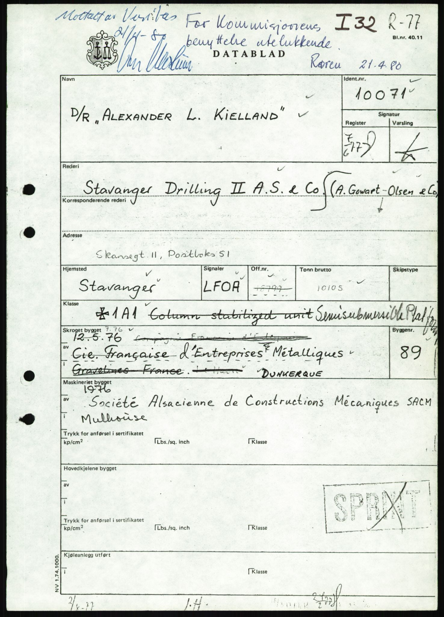 Justisdepartementet, Granskningskommisjonen ved Alexander Kielland-ulykken 27.3.1980, AV/RA-S-1165/D/L0025: I Det norske Veritas (Doku.liste + I6, I12, I18-I20, I29, I32-I33, I35, I37-I39, I42)/J Department of Energy (J11)/M Lloyds Register(M6, M8-M10)/T (T2-T3/ U Stabilitet (U1-U2)/V Forankring (V1-V3), 1980-1981, p. 35