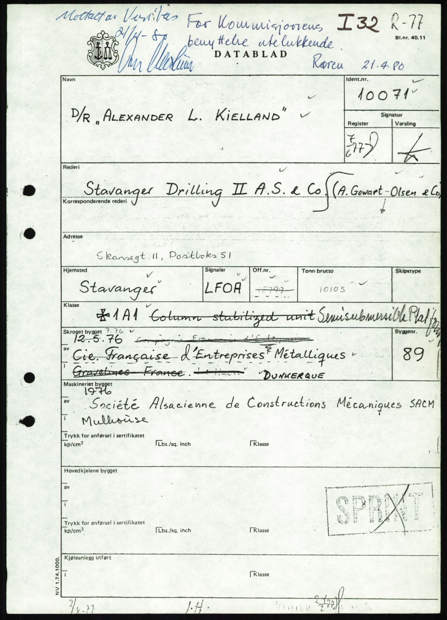 Justisdepartementet, Granskningskommisjonen ved Alexander Kielland-ulykken 27.3.1980, RA/S-1165/D/L0025: I Det norske Veritas (Doku.liste + I6, I12, I18-I20, I29, I32-I33, I35, I37-I39, I42)/J Department of Energy (J11)/M Lloyds Register(M6, M8-M10)/T (T2-T3/ U Stabilitet (U1-U2)/V Forankring (V1-V3), 1980-1981, p. 35