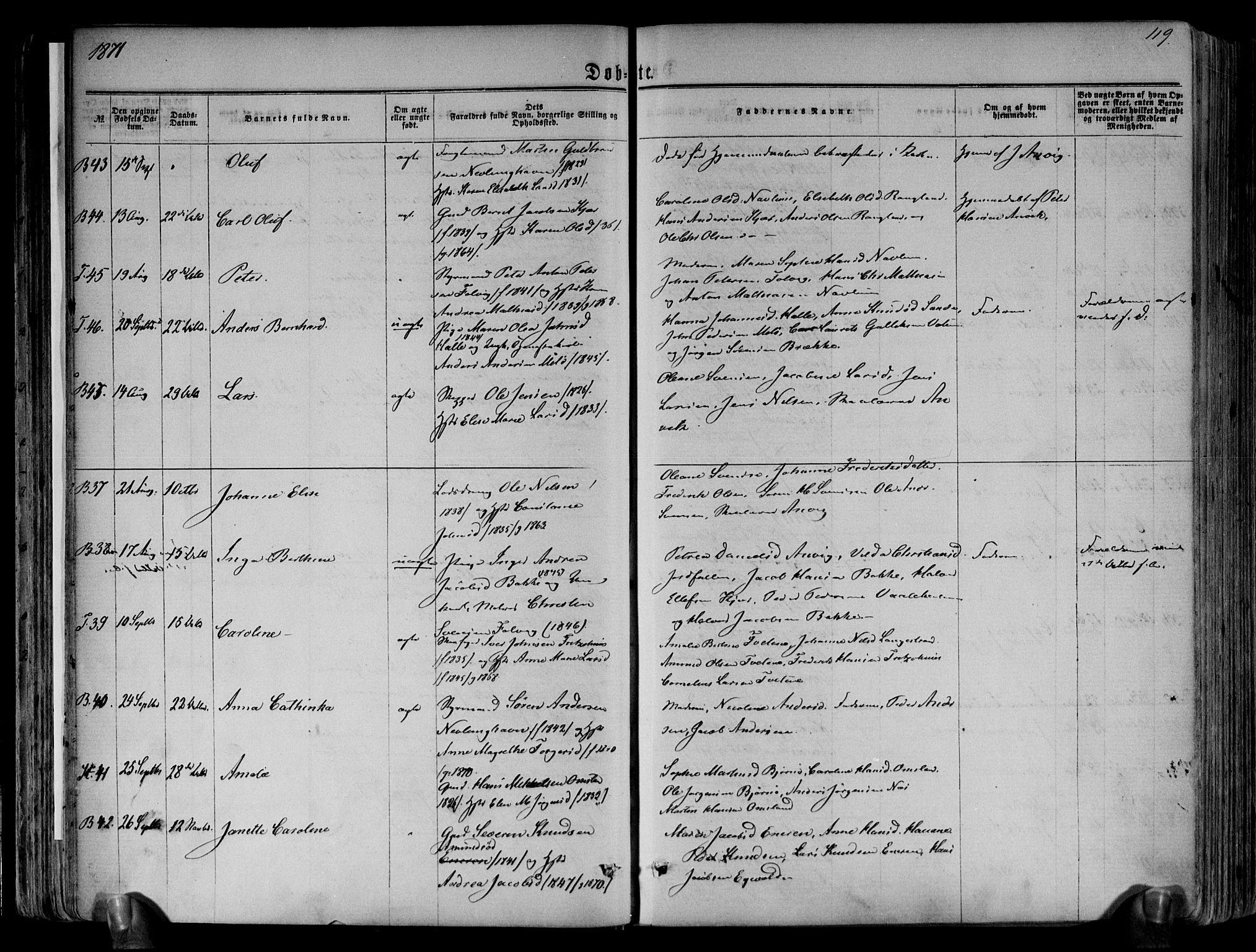 Brunlanes kirkebøker, AV/SAKO-A-342/F/Fa/L0005: Parish register (official) no. I 5, 1862-1877, p. 119