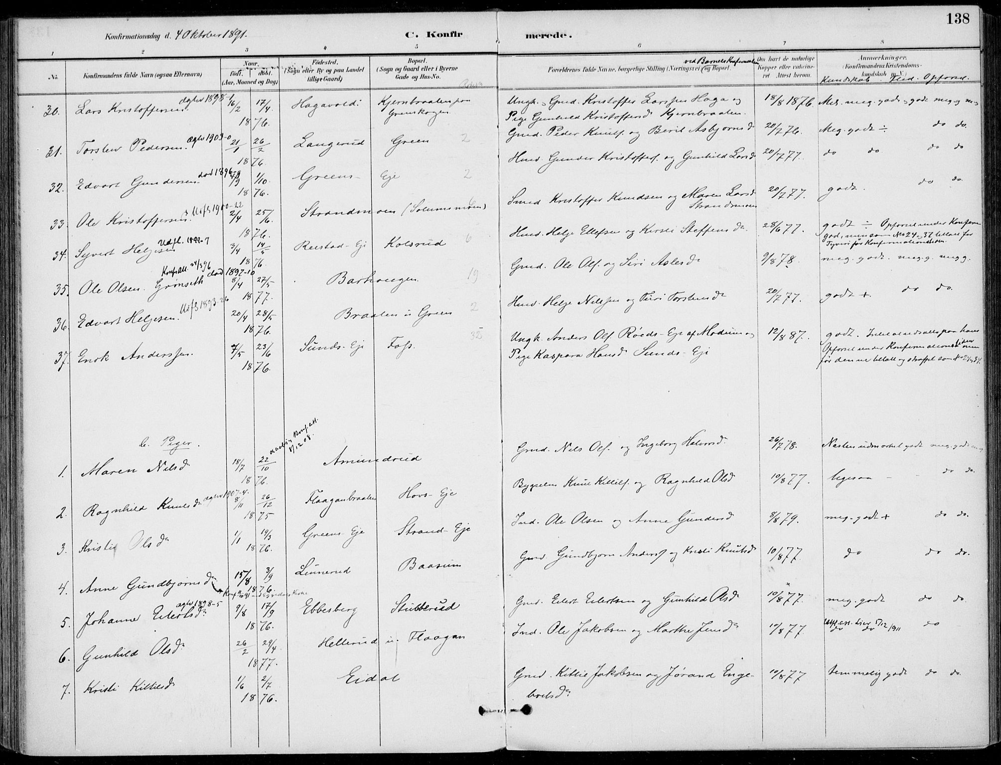 Sigdal kirkebøker, AV/SAKO-A-245/F/Fb/L0001: Parish register (official) no. II 1, 1888-1900, p. 138