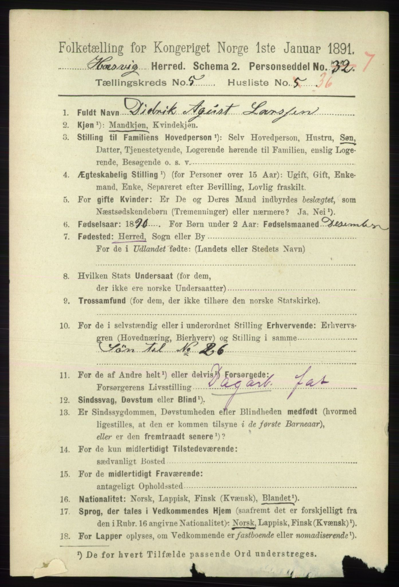 RA, 1891 census for 2015 Hasvik, 1891, p. 853