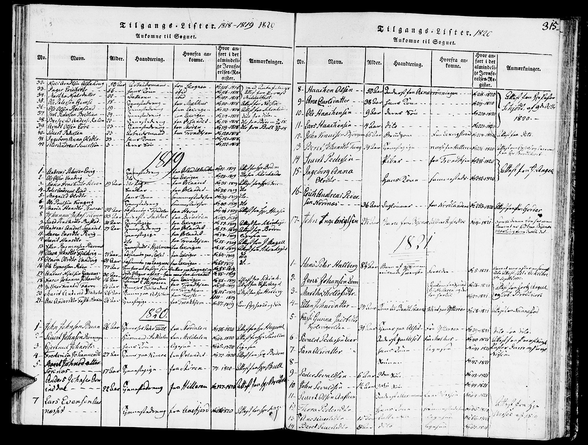 Ministerialprotokoller, klokkerbøker og fødselsregistre - Sør-Trøndelag, SAT/A-1456/646/L0608: Parish register (official) no. 646A06, 1816-1825, p. 315