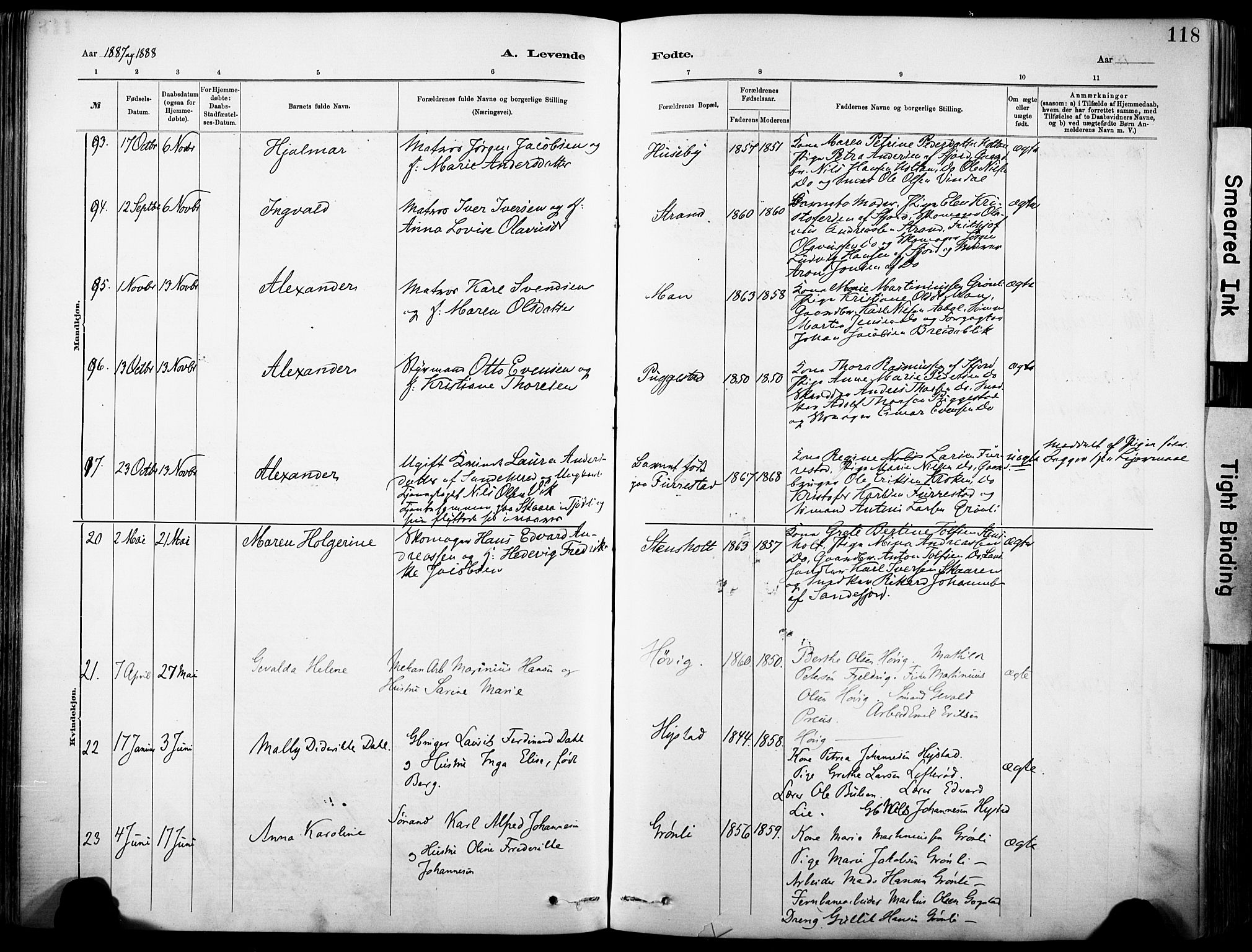 Sandar kirkebøker, SAKO/A-243/F/Fa/L0012: Parish register (official) no. 12, 1883-1895, p. 118