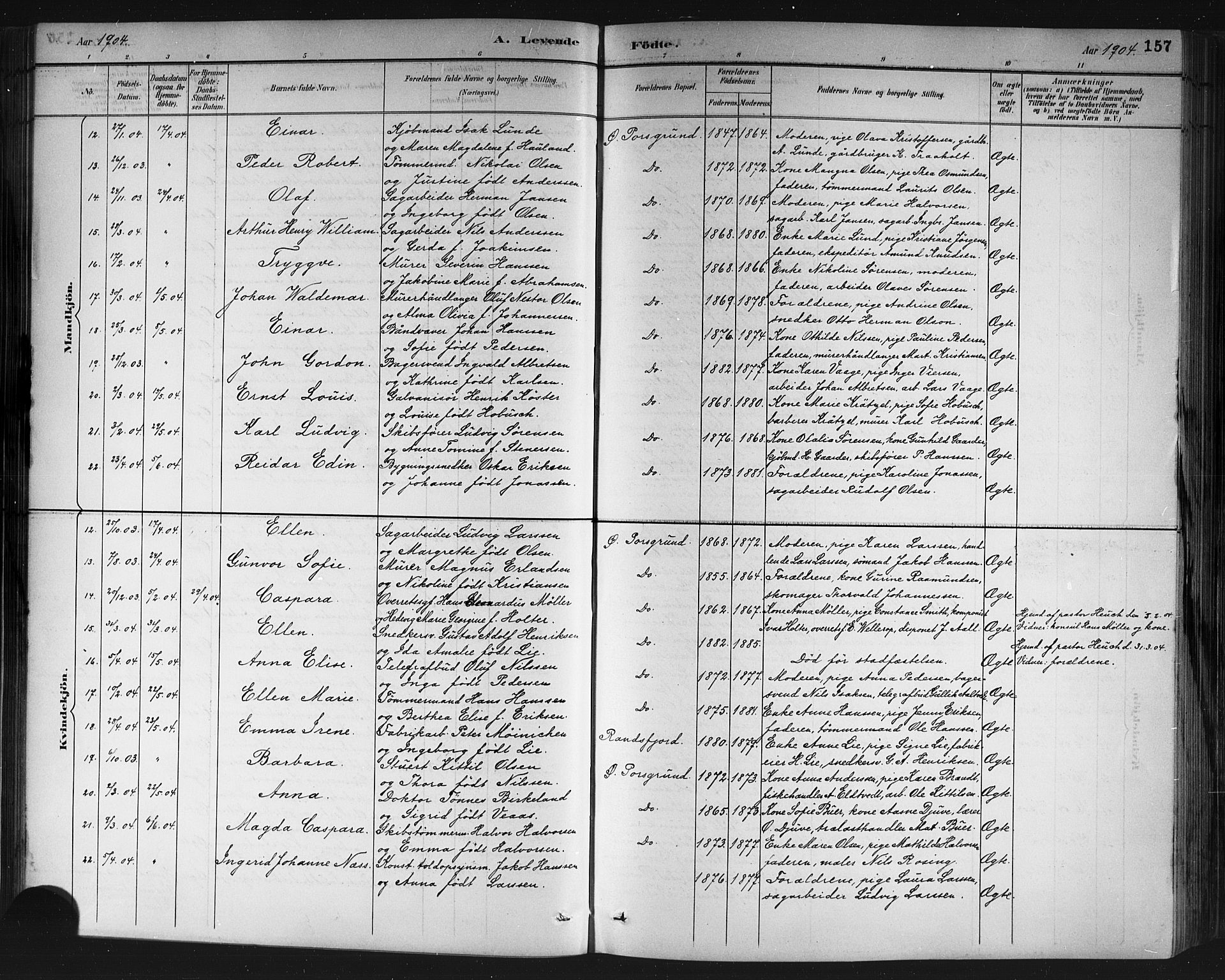 Porsgrunn kirkebøker , SAKO/A-104/G/Gb/L0005: Parish register (copy) no. II 5, 1883-1915, p. 157