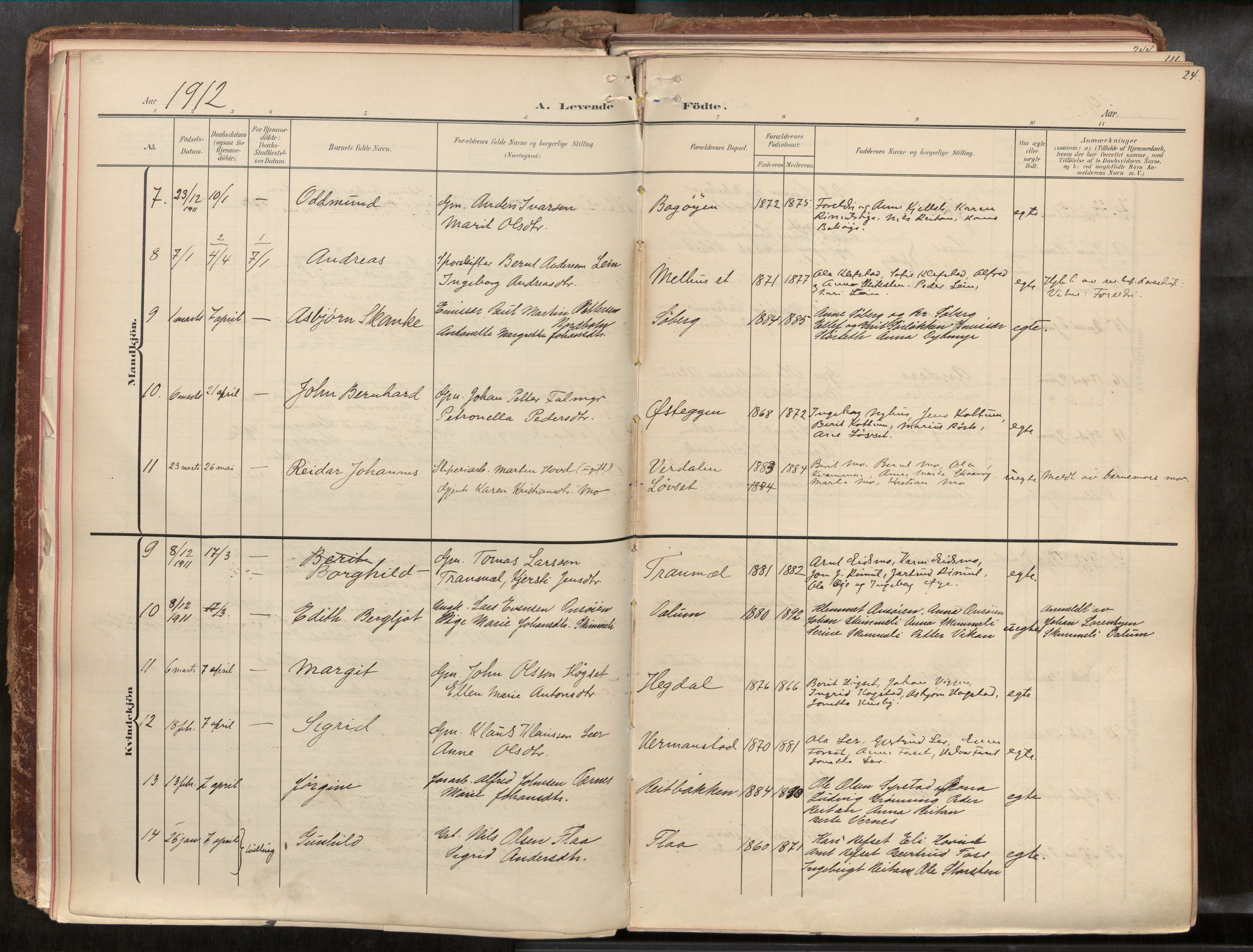 Ministerialprotokoller, klokkerbøker og fødselsregistre - Sør-Trøndelag, SAT/A-1456/691/L1085b: Parish register (official) no. 691A18, 1908-1930, p. 24