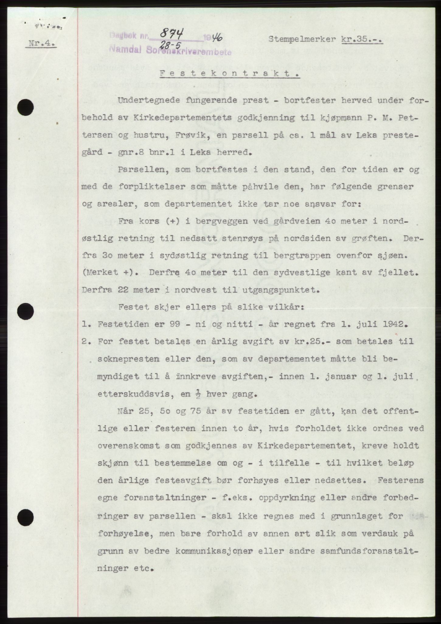 Namdal sorenskriveri, AV/SAT-A-4133/1/2/2C: Mortgage book no. -, 1946-1946, Diary no: : 874/1946