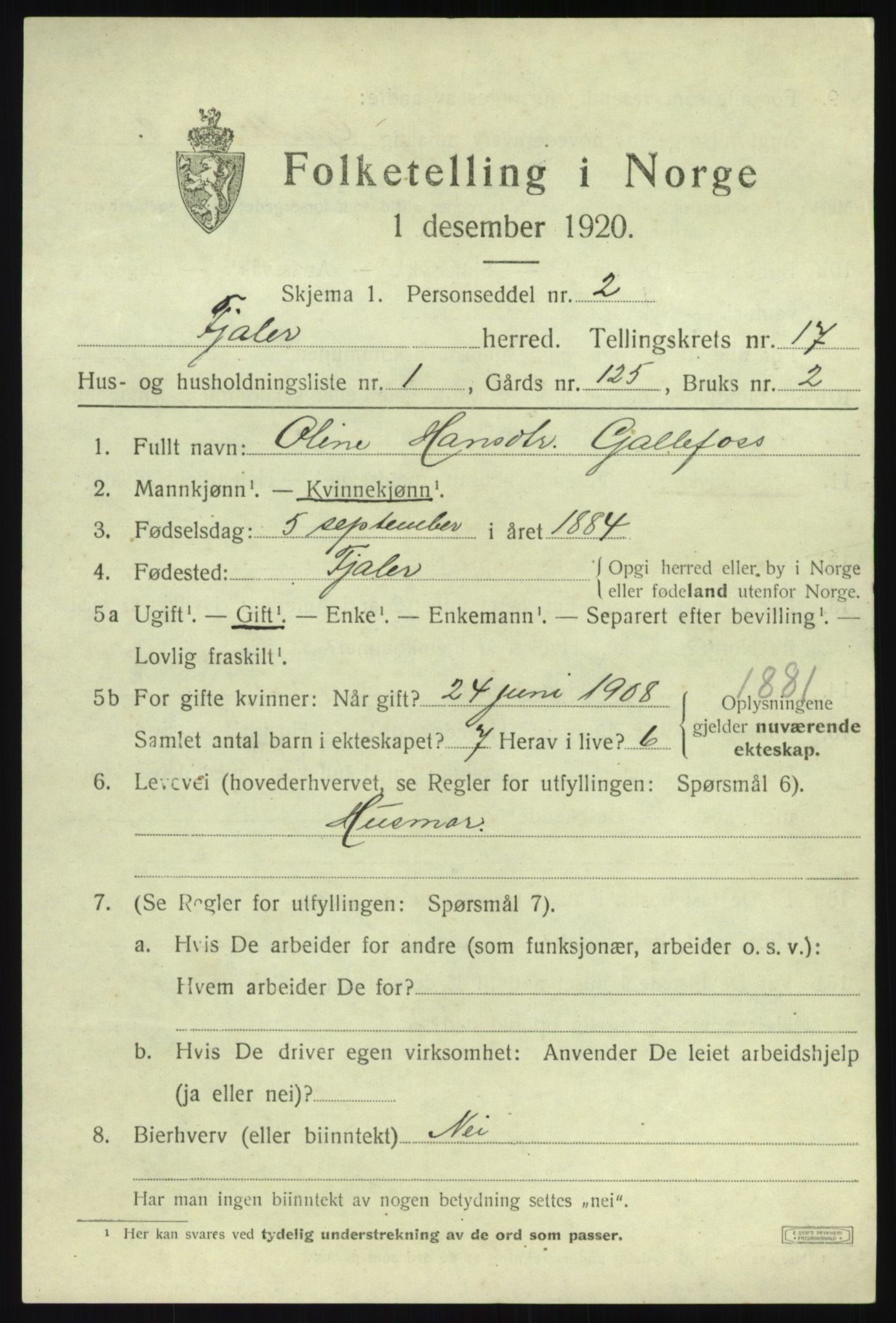 SAB, 1920 census for Fjaler, 1920, p. 8695