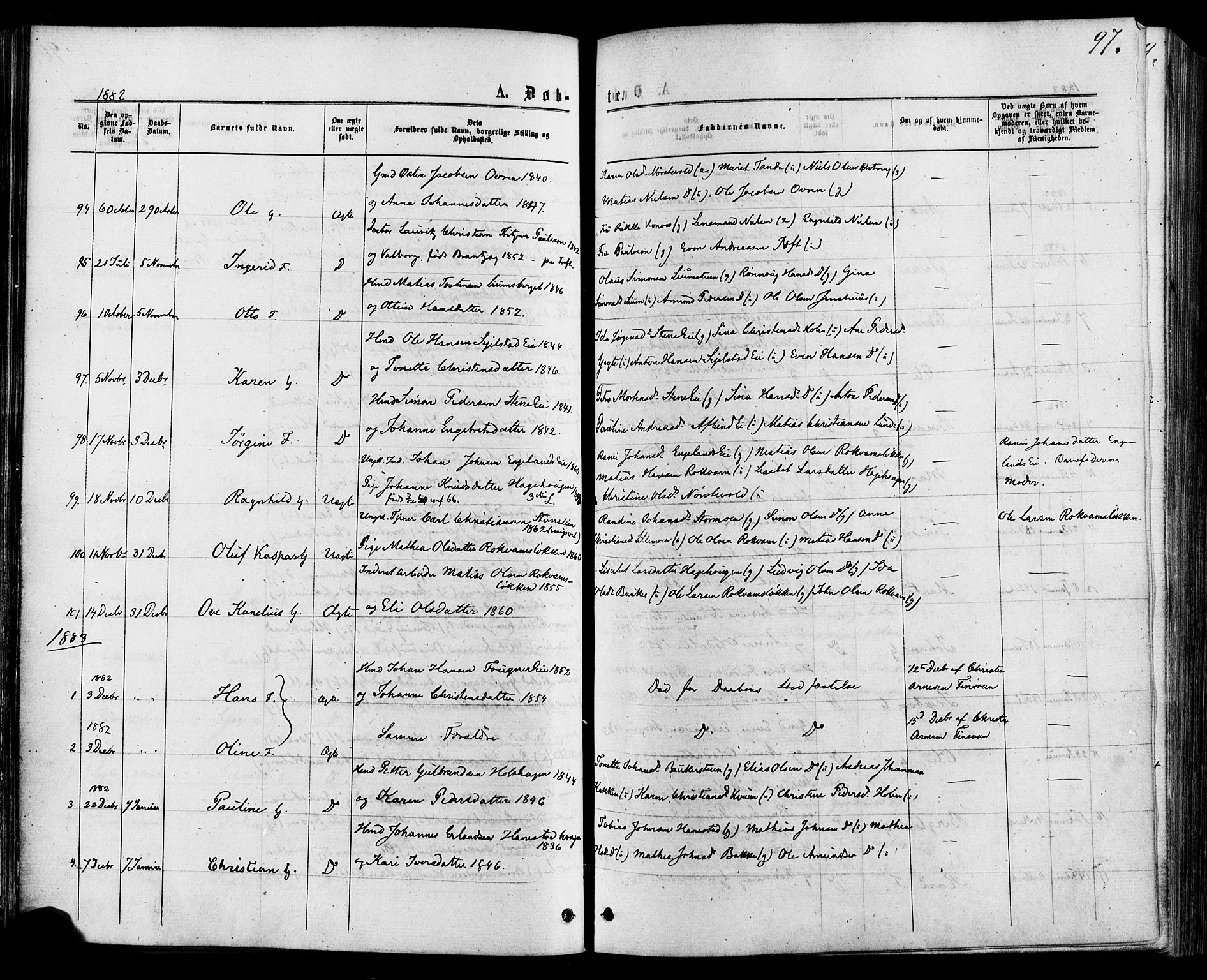 Østre Gausdal prestekontor, AV/SAH-PREST-092/H/Ha/Haa/L0001: Parish register (official) no. 1, 1874-1886, p. 97