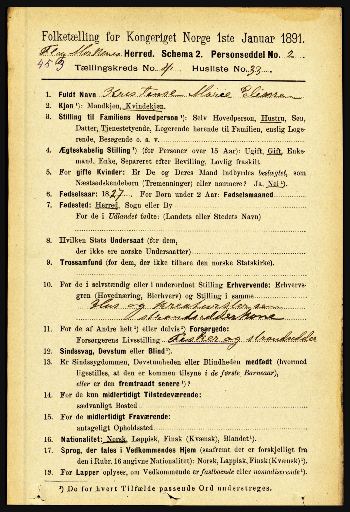 RA, 1891 census for 1859 Flakstad, 1891, p. 2124