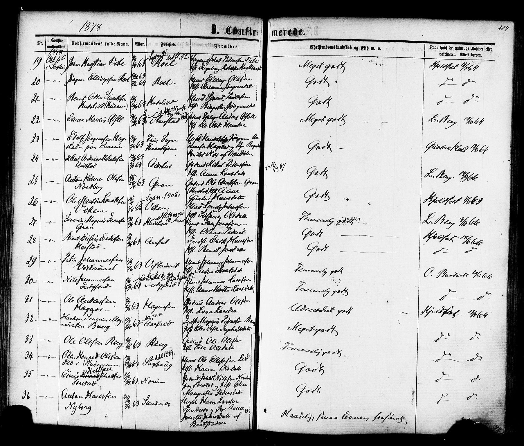 Ministerialprotokoller, klokkerbøker og fødselsregistre - Nord-Trøndelag, AV/SAT-A-1458/730/L0284: Parish register (official) no. 730A09, 1866-1878, p. 214