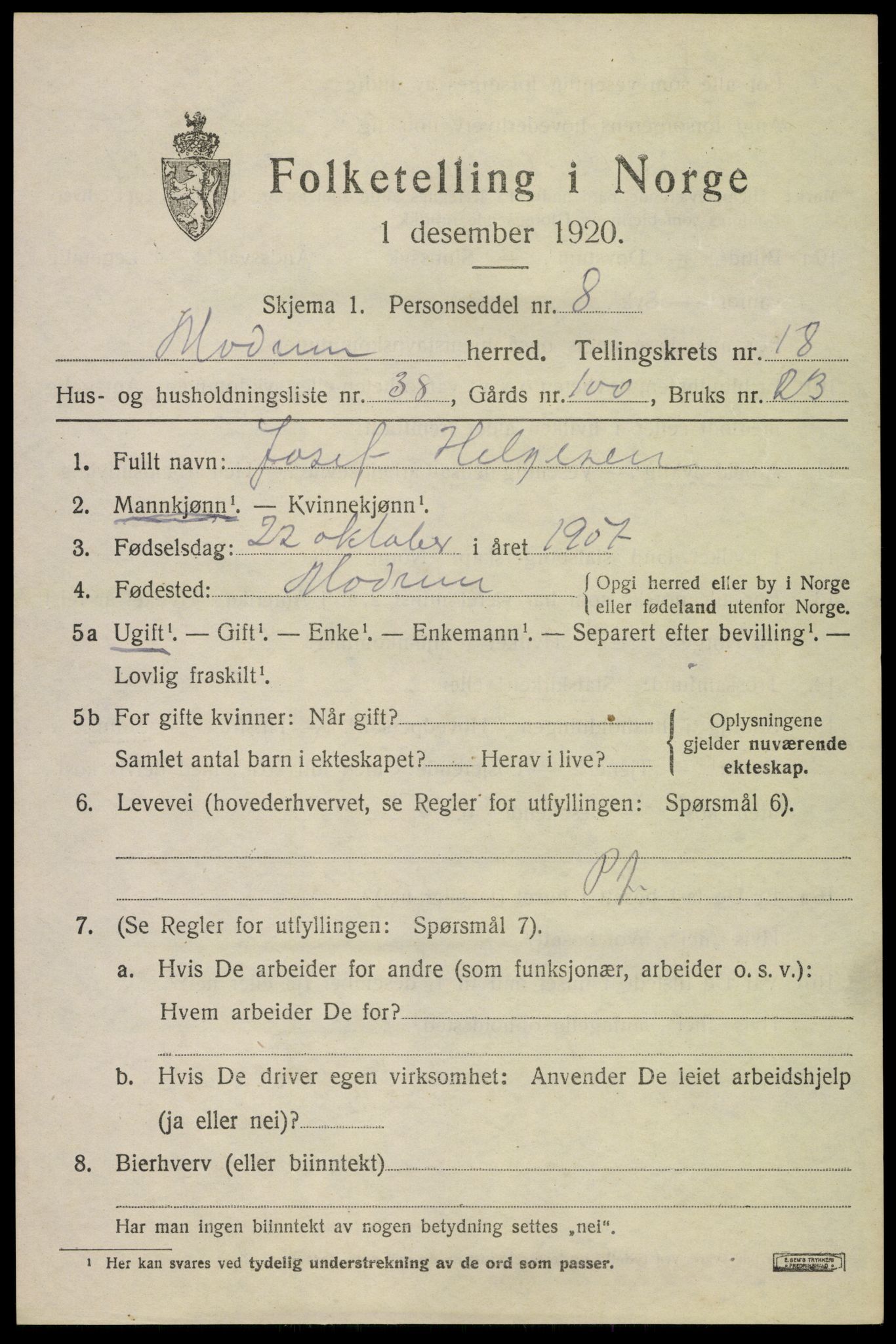 SAKO, 1920 census for Modum, 1920, p. 21333