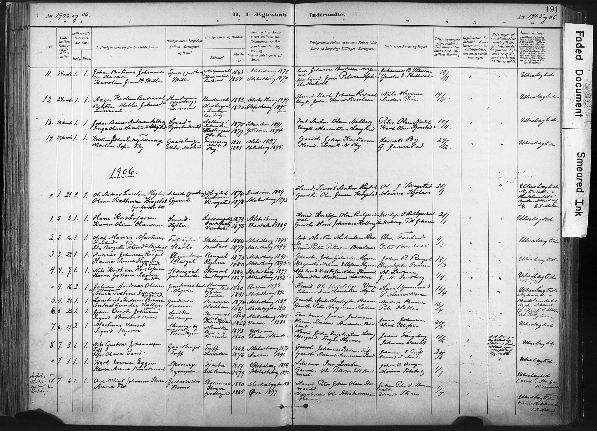 Ministerialprotokoller, klokkerbøker og fødselsregistre - Nord-Trøndelag, SAT/A-1458/717/L0162: Parish register (official) no. 717A12, 1898-1923, p. 191