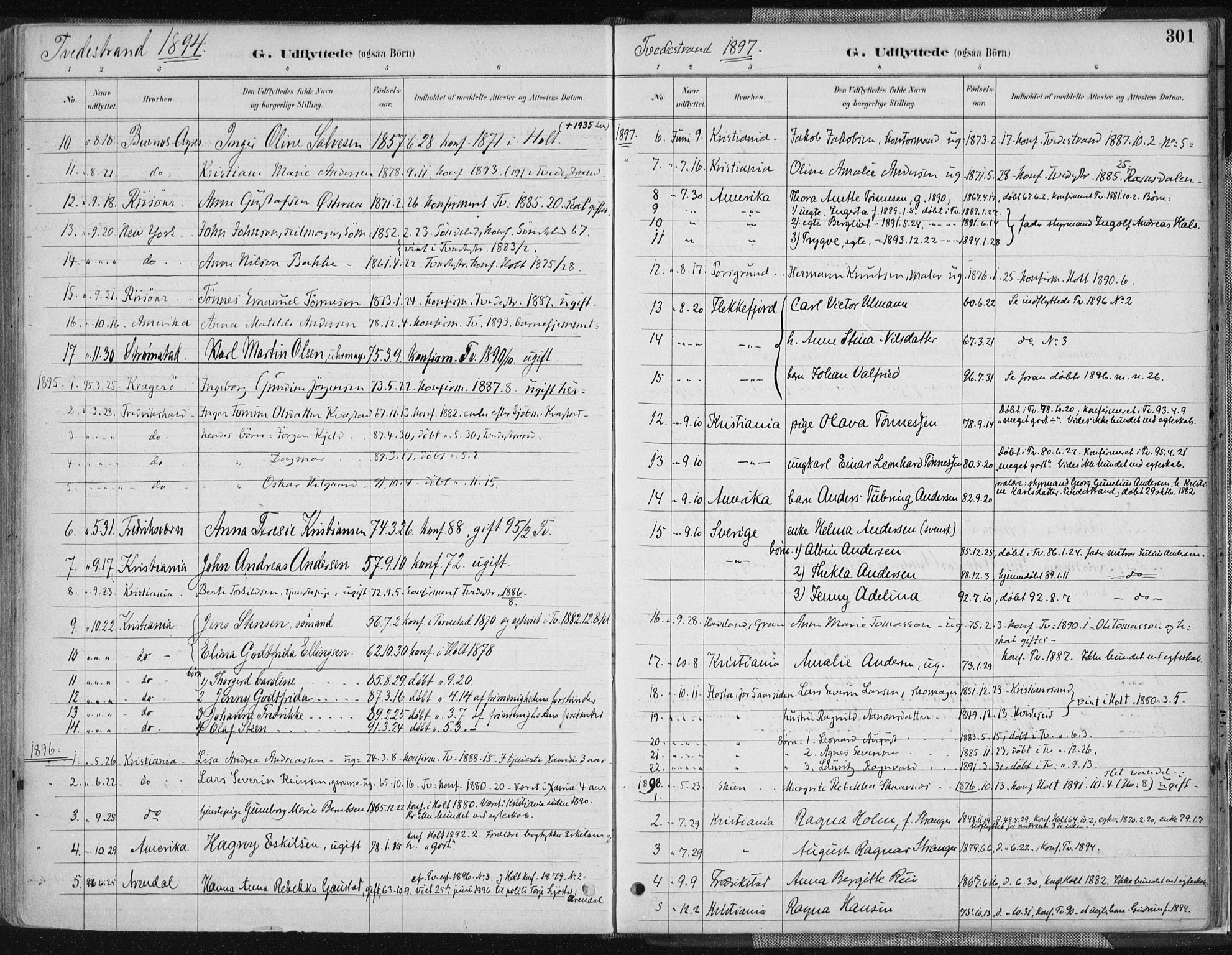 Tvedestrand sokneprestkontor, SAK/1111-0042/F/Fa/L0001: Parish register (official) no. A 1, 1885-1916, p. 301